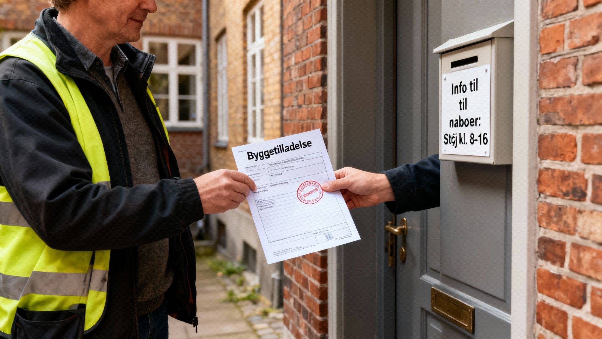 En person i gul vest overrækker en byggetilladelse ved en dør med støjinfo til naboer.