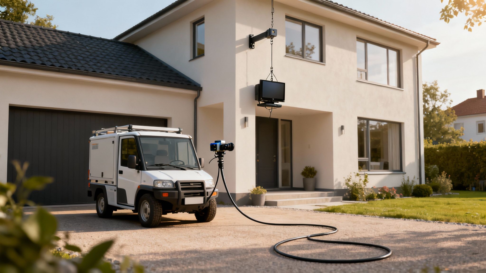 En professionel kloakmand fra CK Kloakservice der arbejder med specialudstyr i en servicevogn