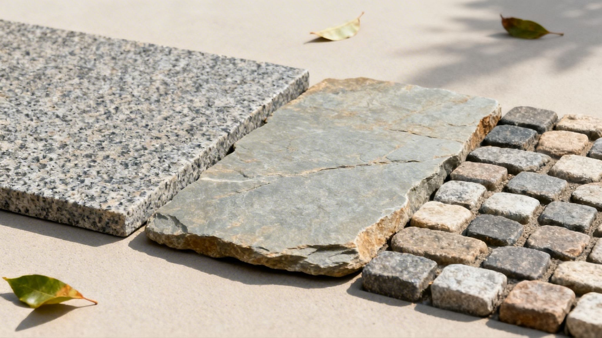 Forskellige stenmaterialer til udendørs brug, herunder granit, skifer og brosten.