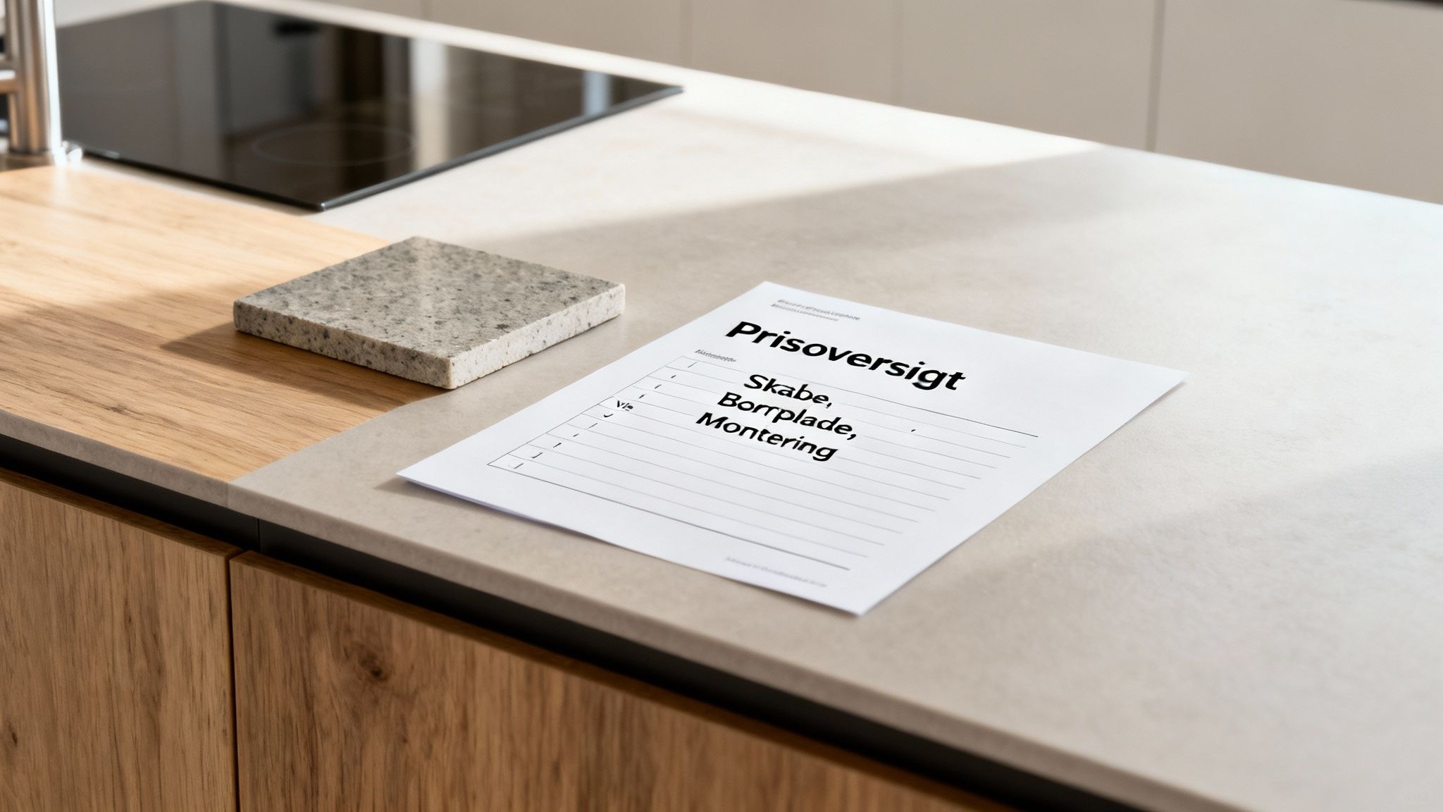 Prisoversigt for et nyt køkken, der viser omkostninger til skabe, bordplade og montering på en moderne køkkenø.