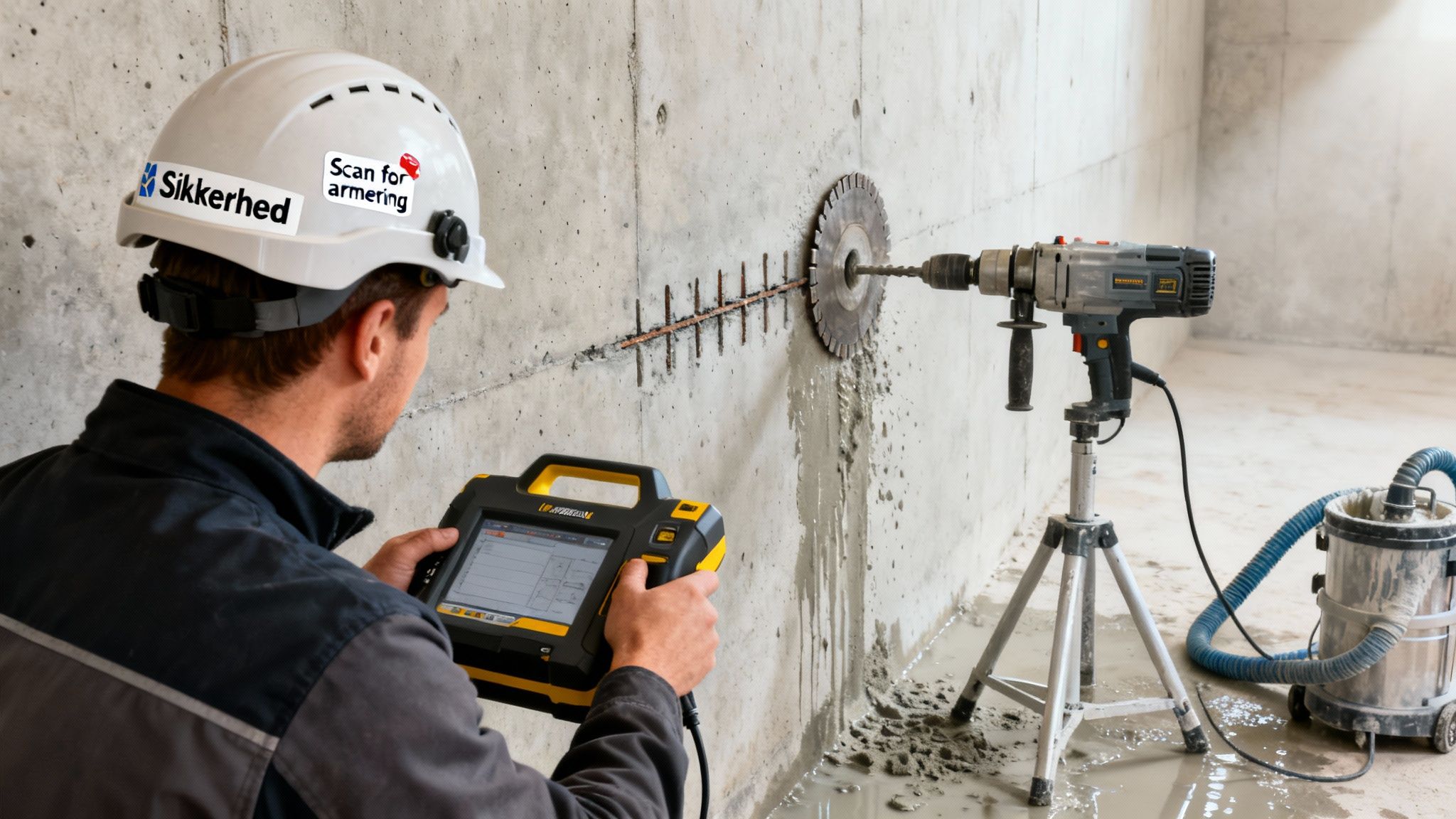 En bygningsarbejder scanner en betonvæg for armering, mens en diamantborer laver et hul.