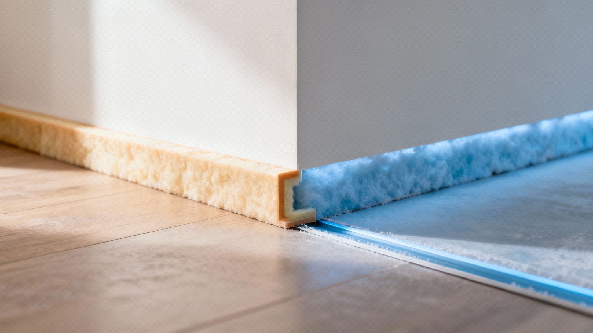 Detaljebillede af isoleringsmateriale langs vægge og gulv, med både gul og blå isolering synlig.