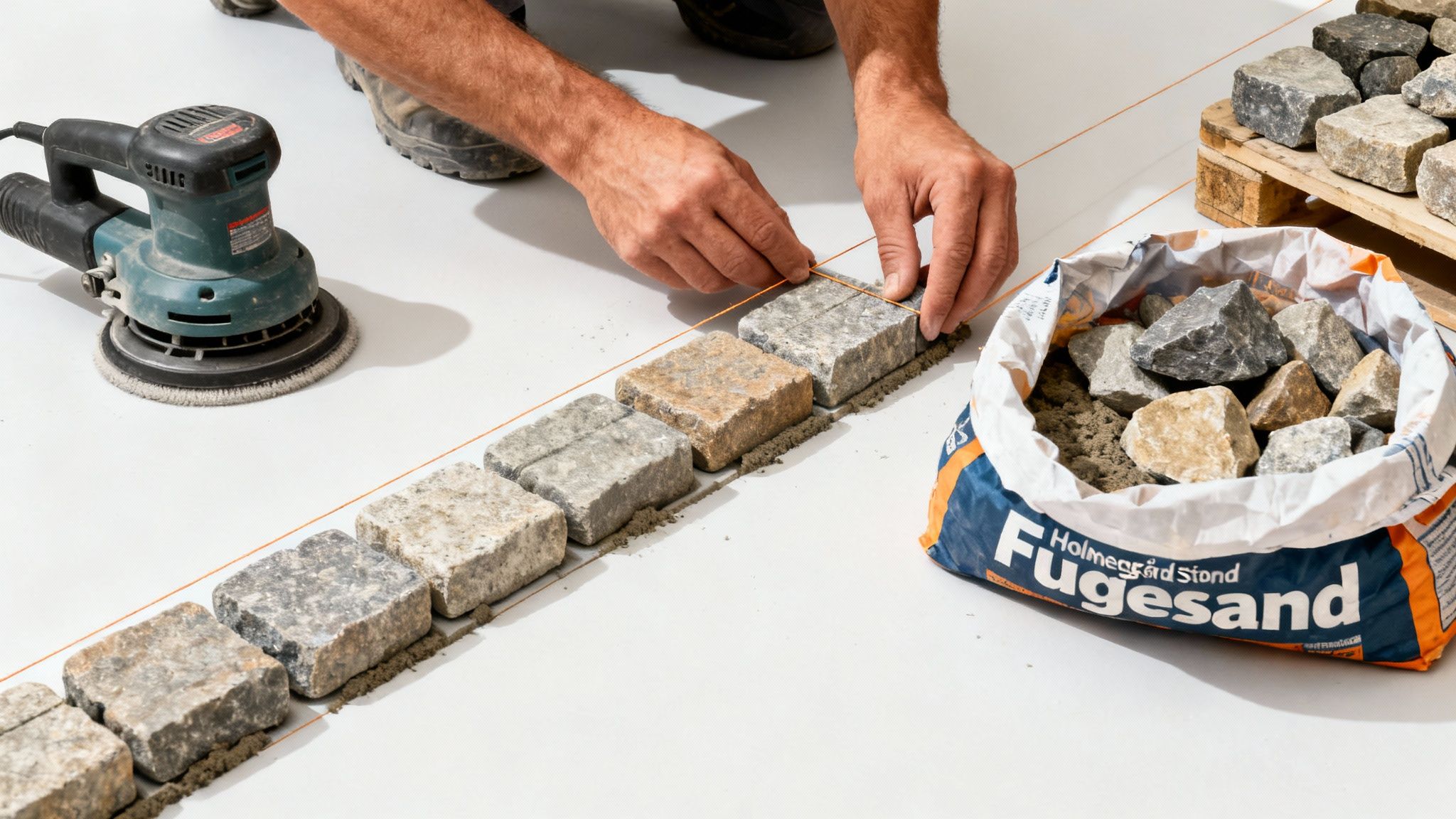 Håndværker lægger Holmegårdssten præcist med snor, klar til fugning med Holmegård Fugesand.