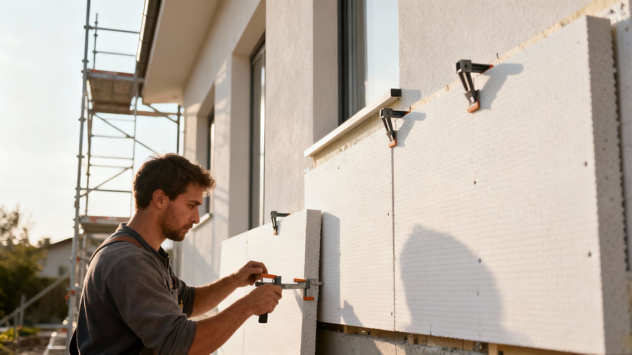 En detaljeret visning af lagene i en udvendig efterisolering