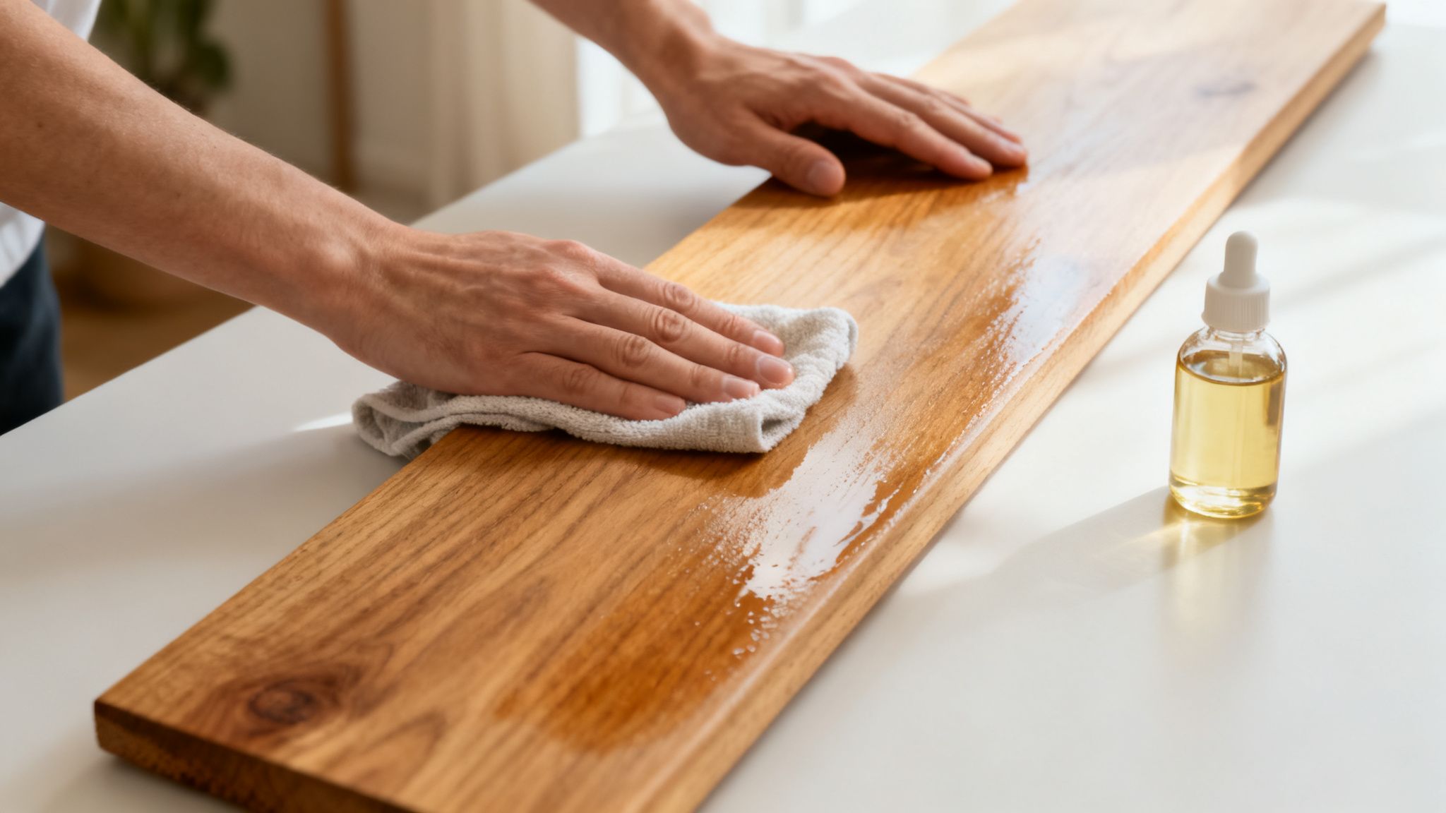 En person oliere et træplanke med en klud for at pleje træet, med en flaske træolie i nærheden.