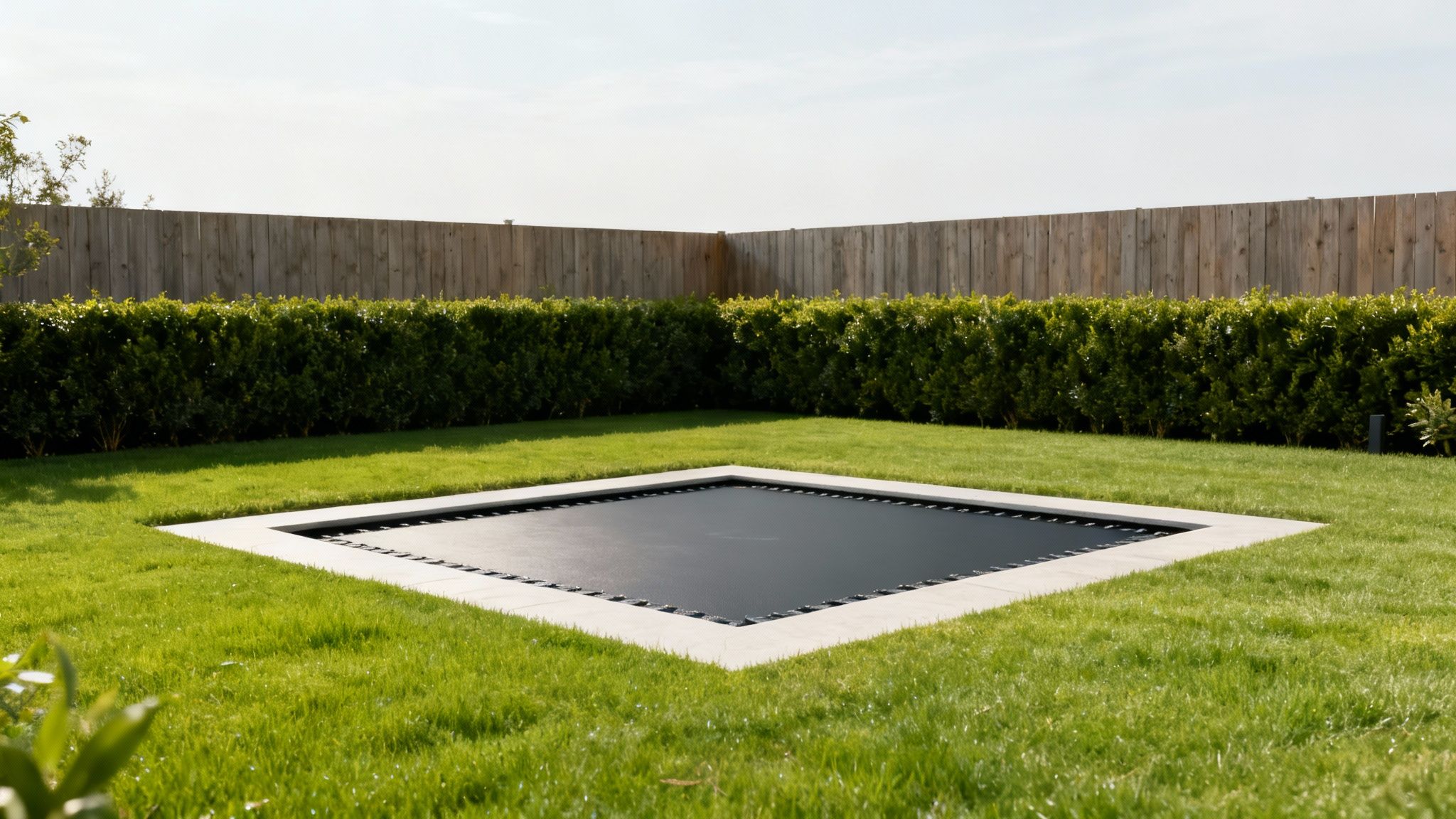 Et grønt baghave med en nedgravet, firkantet trampolin omgivet af græs, en hæk og et træhegn.