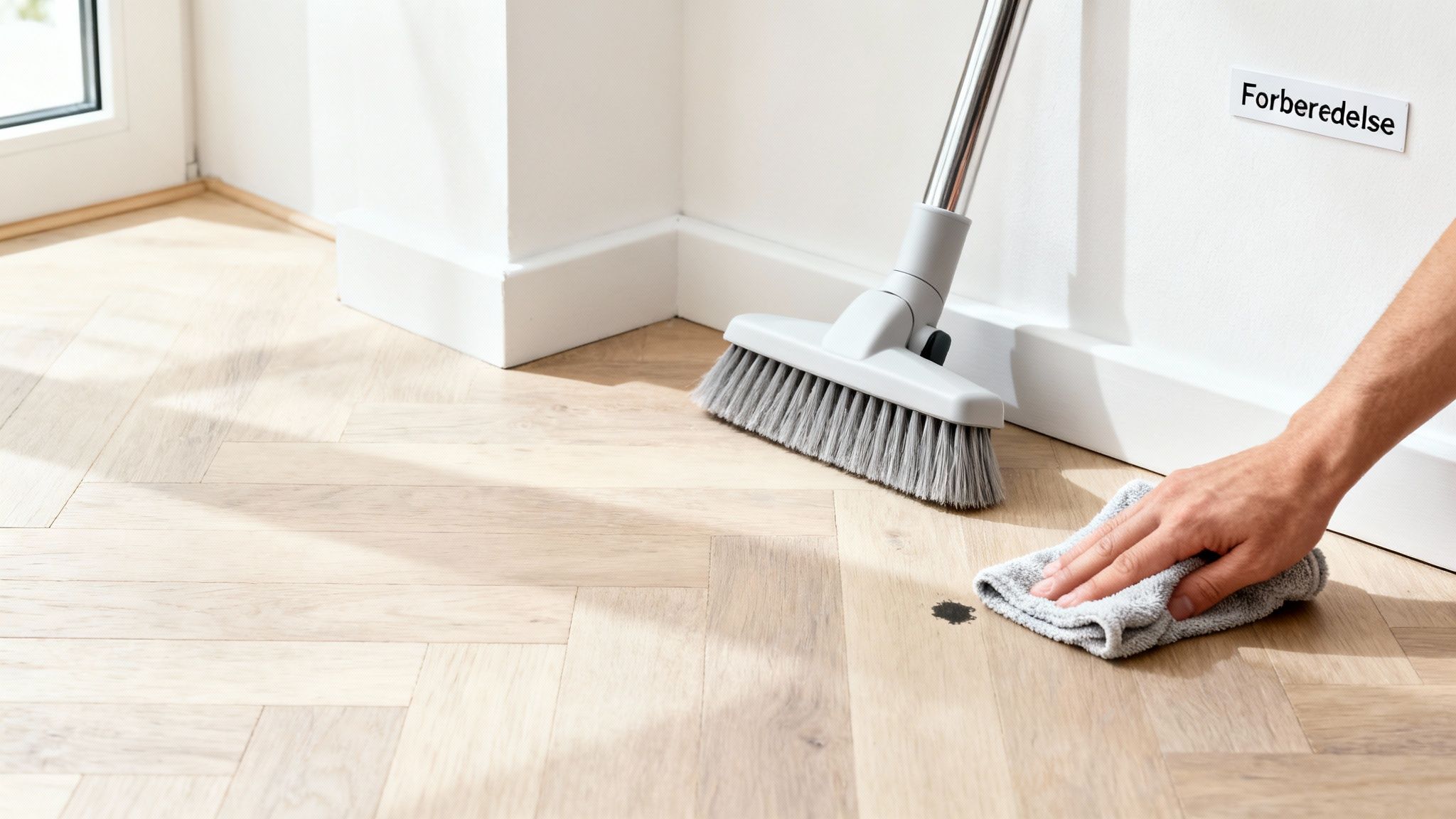 En hånd tørrer et sort spild op fra et lakeret trægulv med en grå klud, ved siden af en kost.
