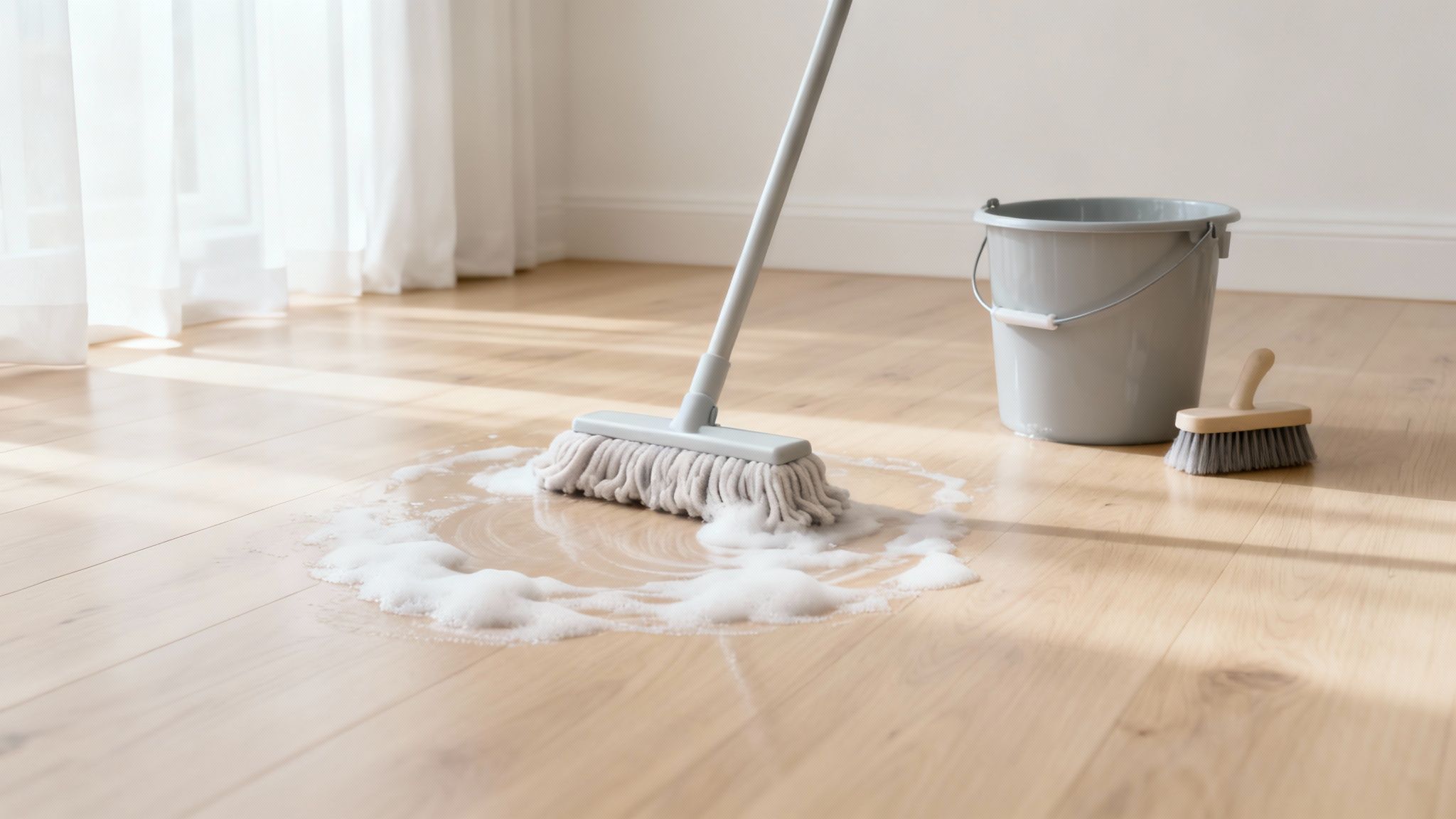 Et lyst, sæbebehandlet fyrretræsgulv i en minimalistisk indretning