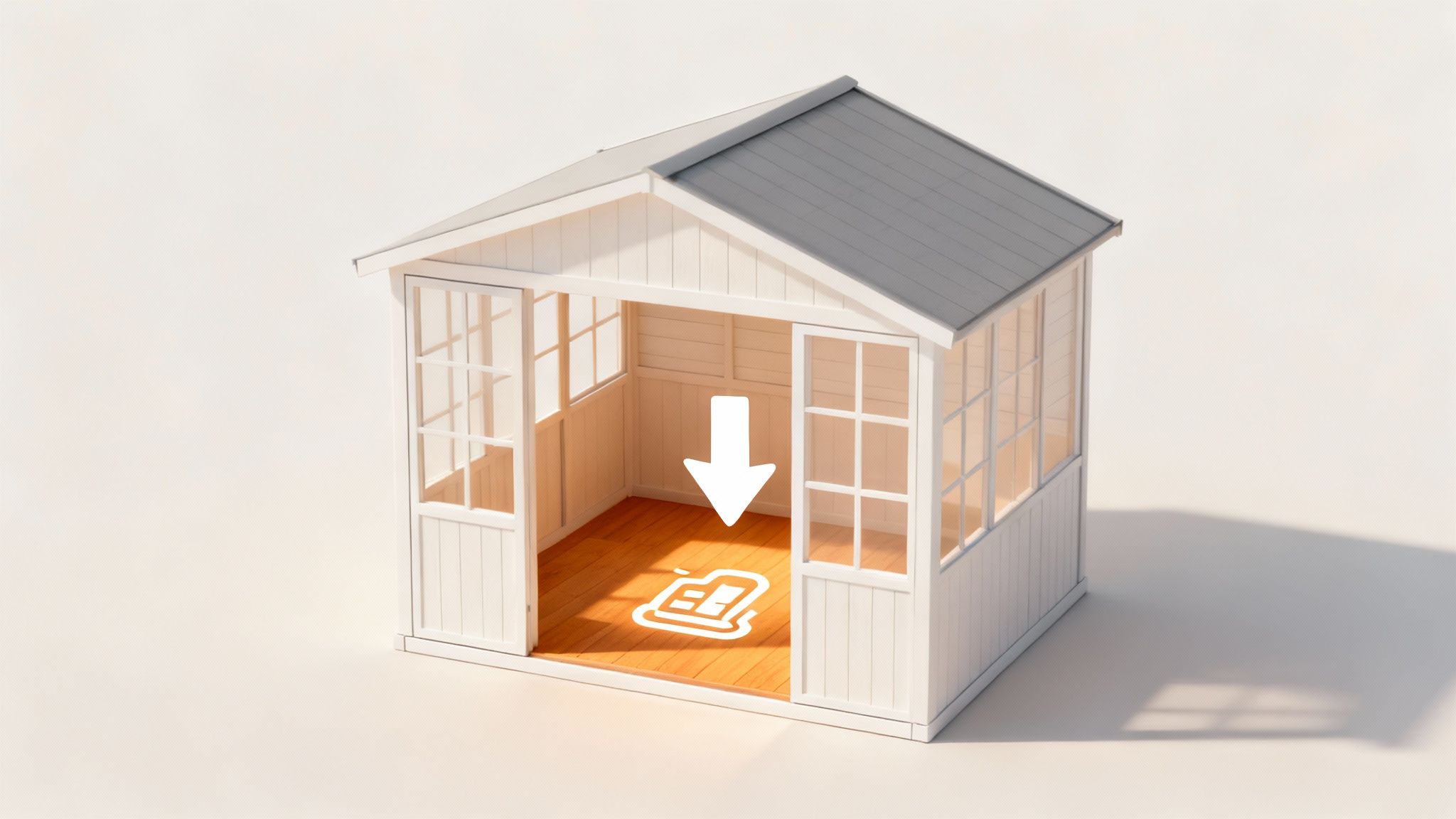 En person justerer en moderne termostat til gulvvarme på en væg i et sommerhus, hvilket symboliserer energibesparelse.