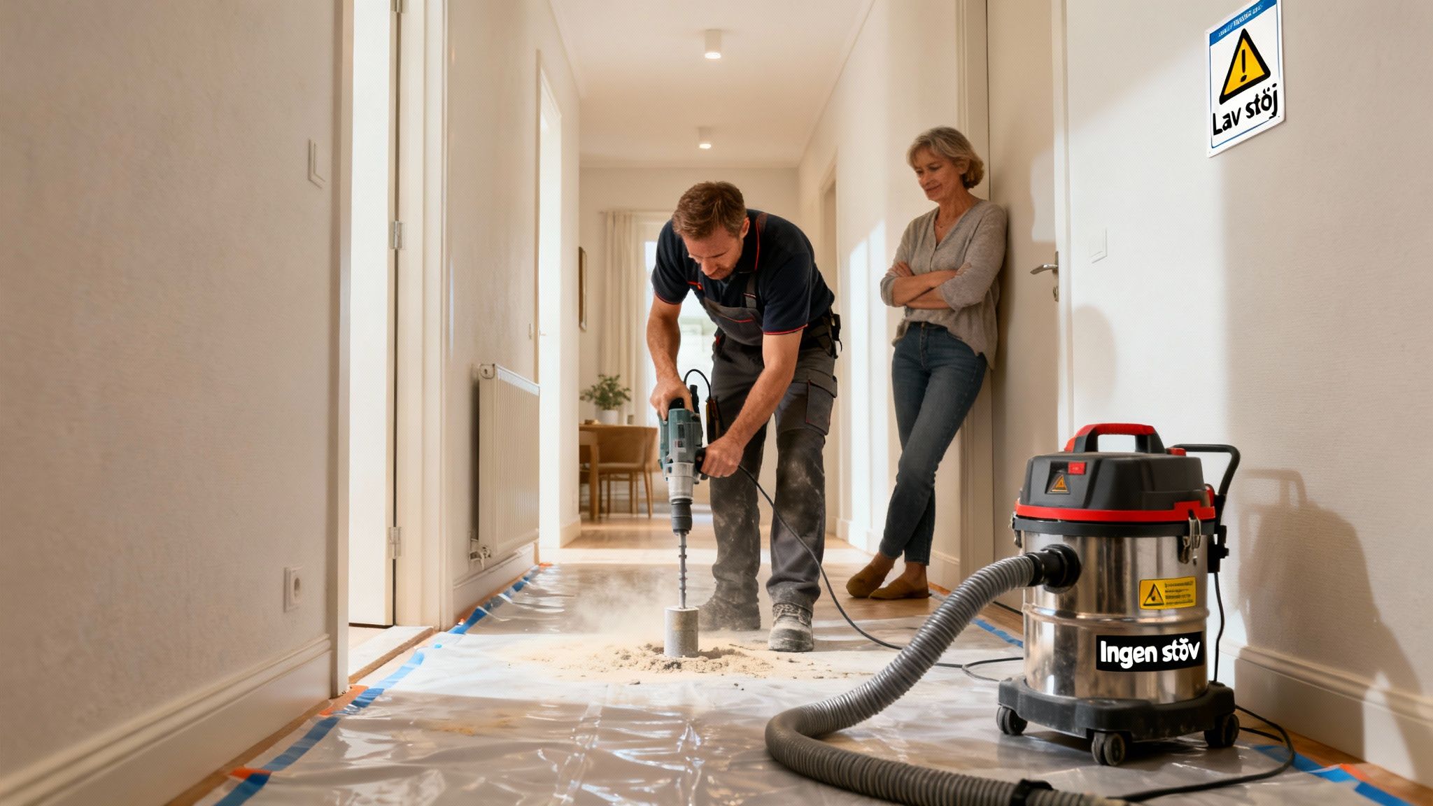 En mand borer i gulvet med kernebor, mens en kvinde ser på. En støvsuger opsamler støv. Skilte indikerer lav støj og ingen støv.