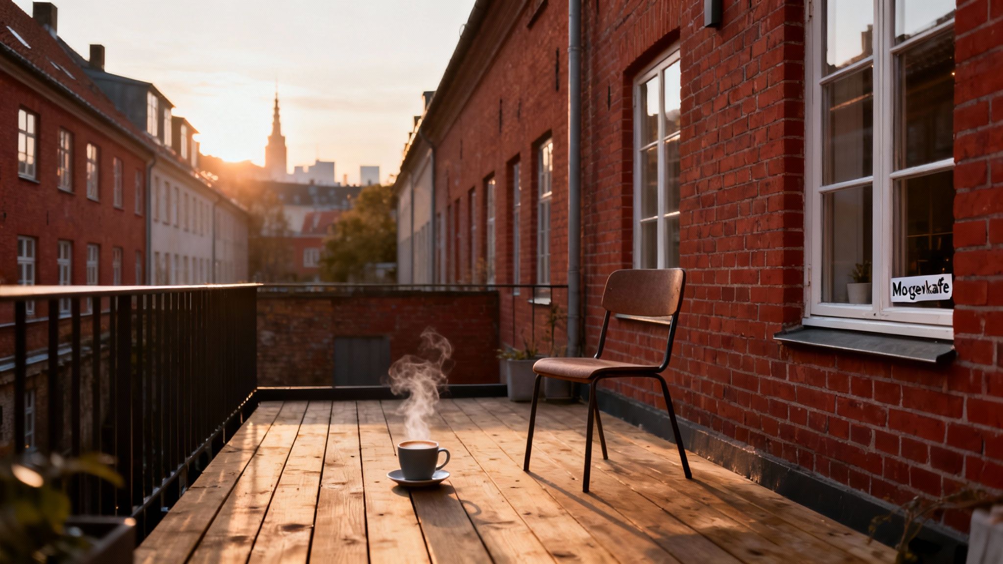 Hyggelig træterrasse med dampende kaffe og stol ved solnedgang over byens tage.