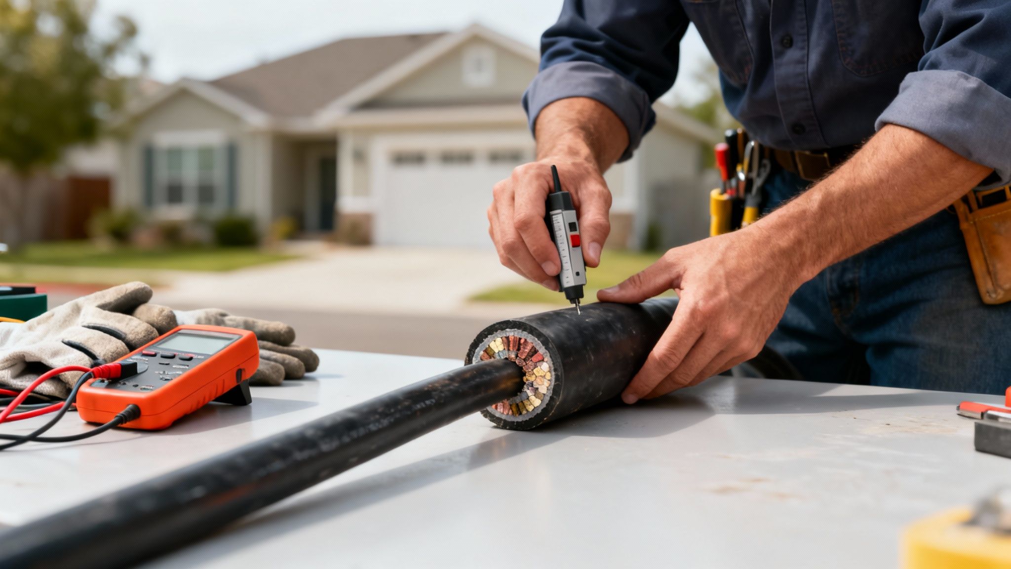 En tekniker foretager præcise målinger på et tykt kabel med et specialværktøj, mens et multimeter ligger klar på bordet.