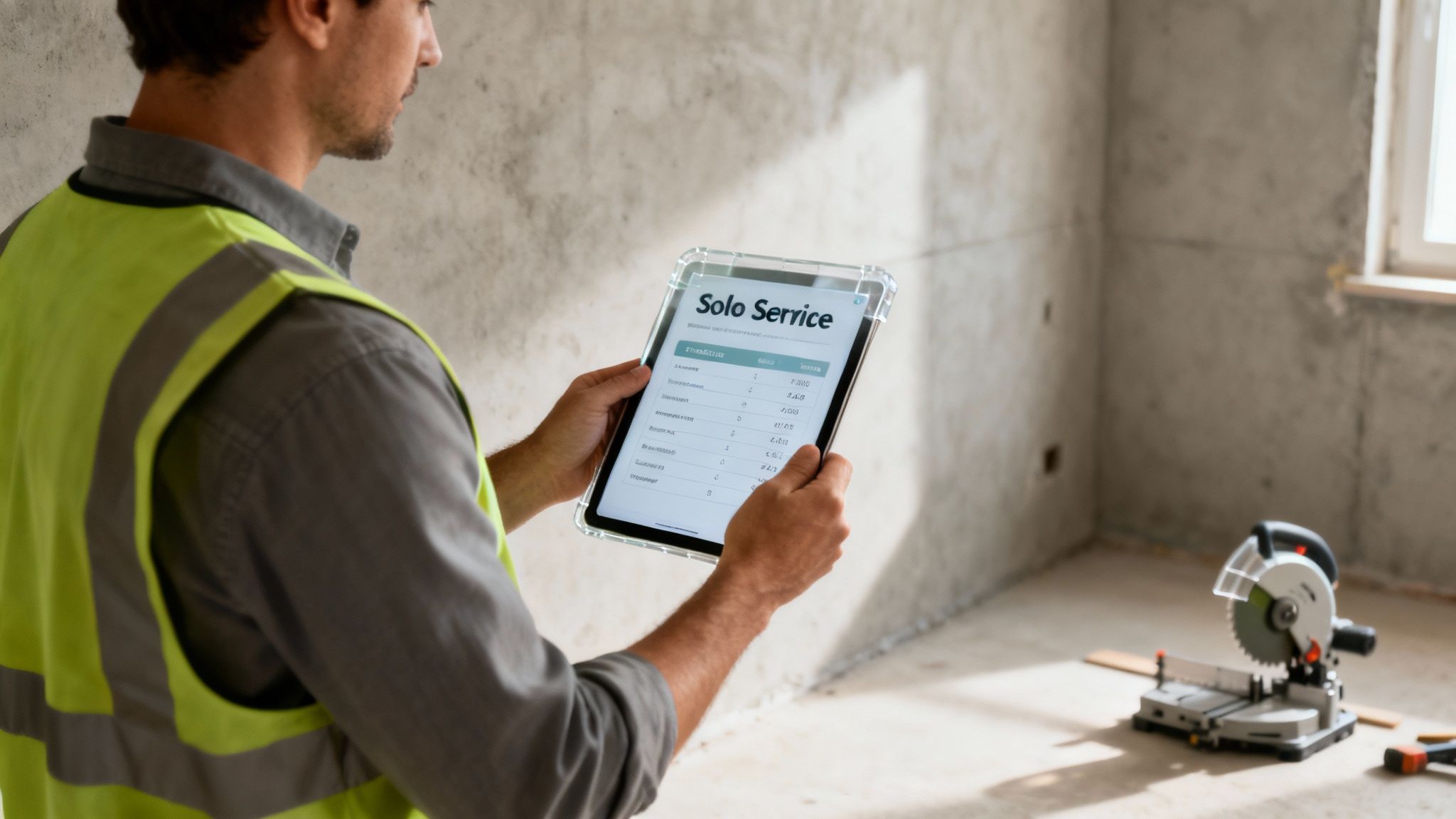 En håndværker fra Solo Service ApS gennemgår en opgave med en kunde.