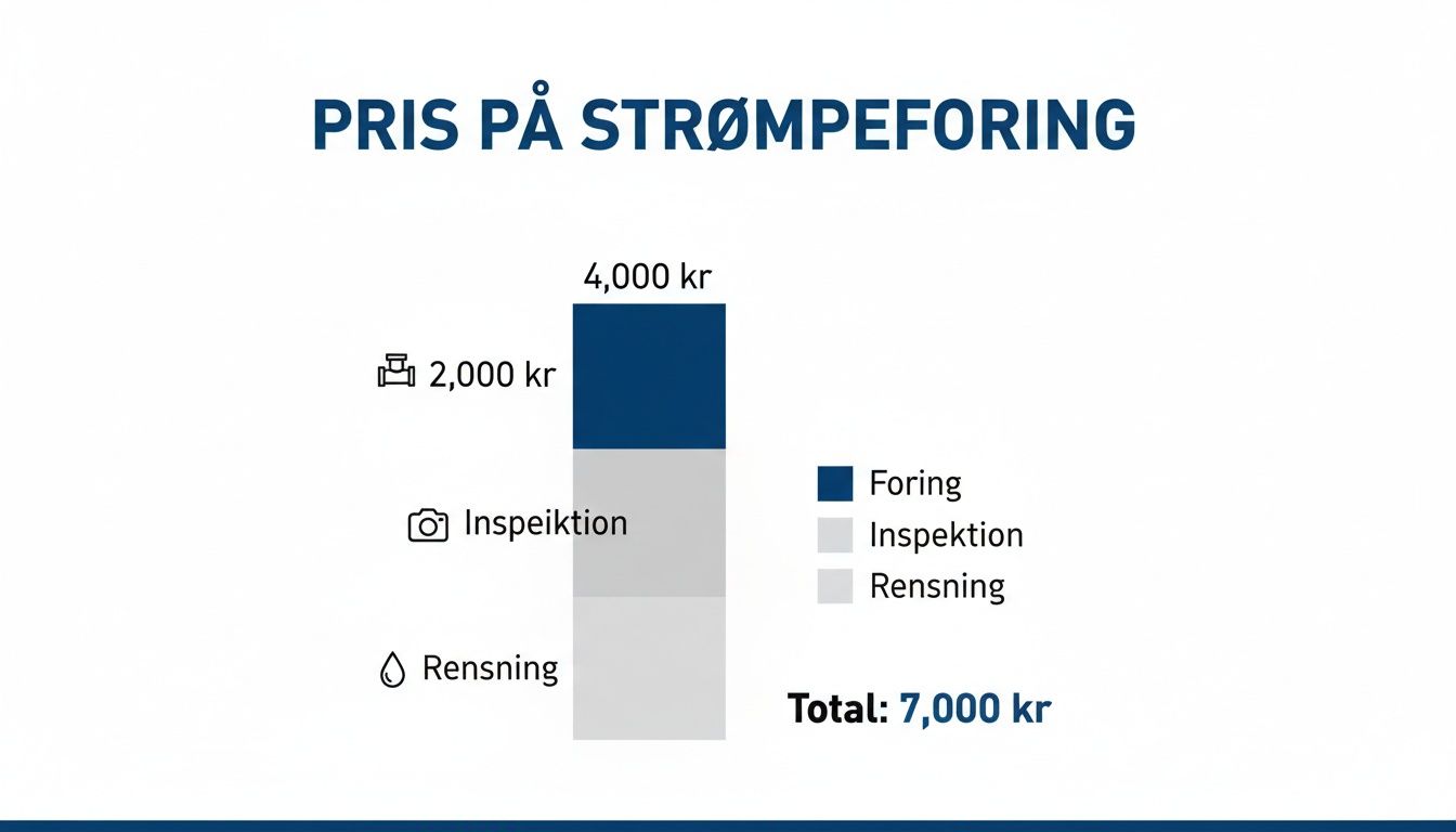 Grafisk oversigt over pris for strømpeforing, opdelt i foring, inspektion og rensning, med en totalpris på 7.000 kr.