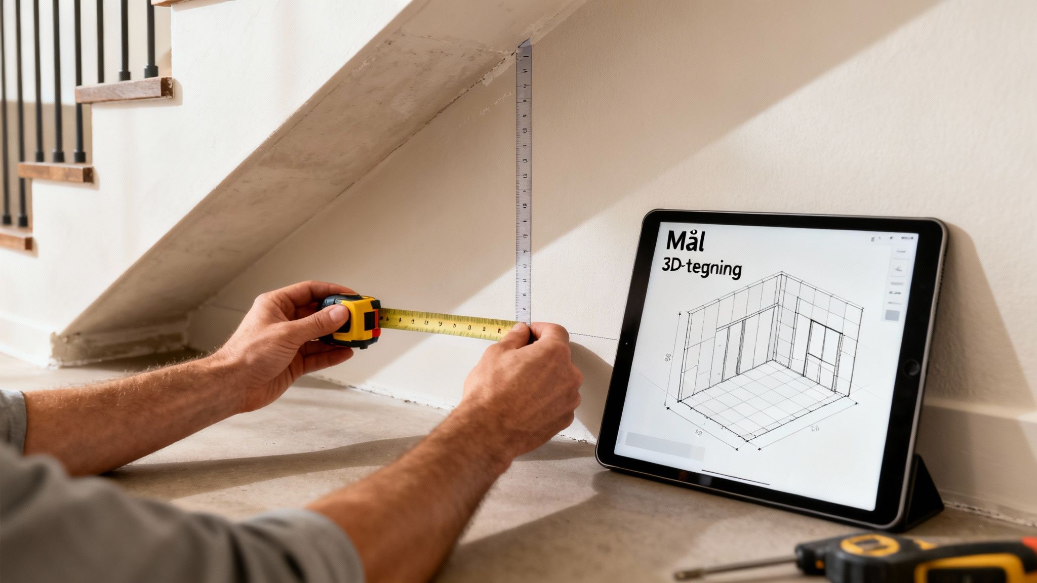 En person måler en væg under en trappe med målebånd og lineal, mens en tablet viser en 3D-tegning.