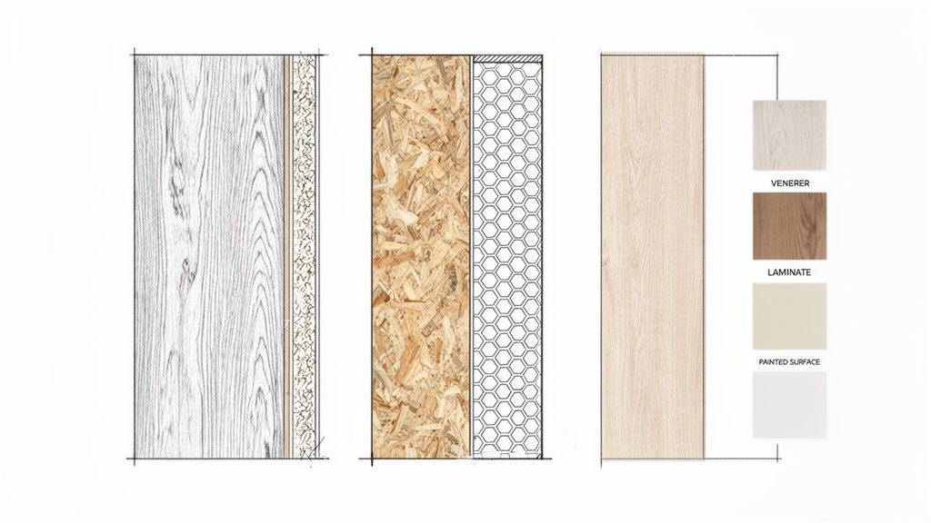 Detaljerede skitser af dørkonstruktioner og materialeoverflader, herunder finer, laminat og malet overflade.