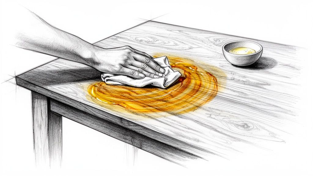 En hånd tørrer en væskespild fra en træoverflade med en klud, muligvis under behandling af egetræ.