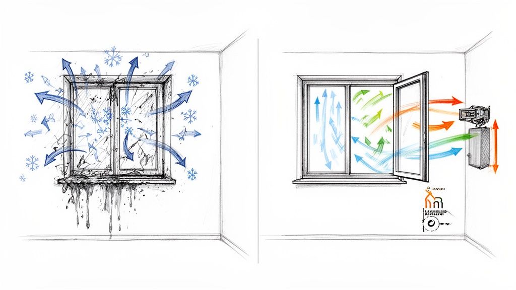 Illustration af dårlig vinduesisolering med kold luft og fugt kontra effektiv ventilation med friskluftsystem.