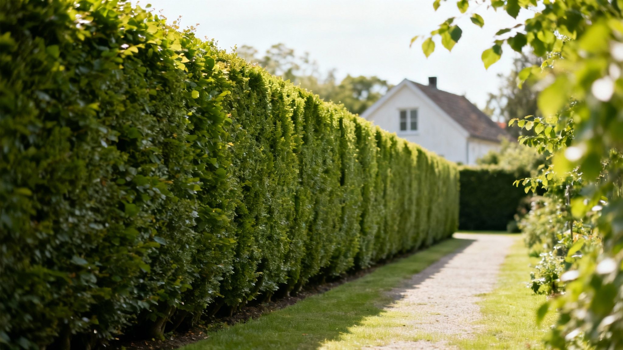 En lang, velplejet grøn bøgehæk strækker sig langs en grussti, med et hvidt hus i baggrunden.