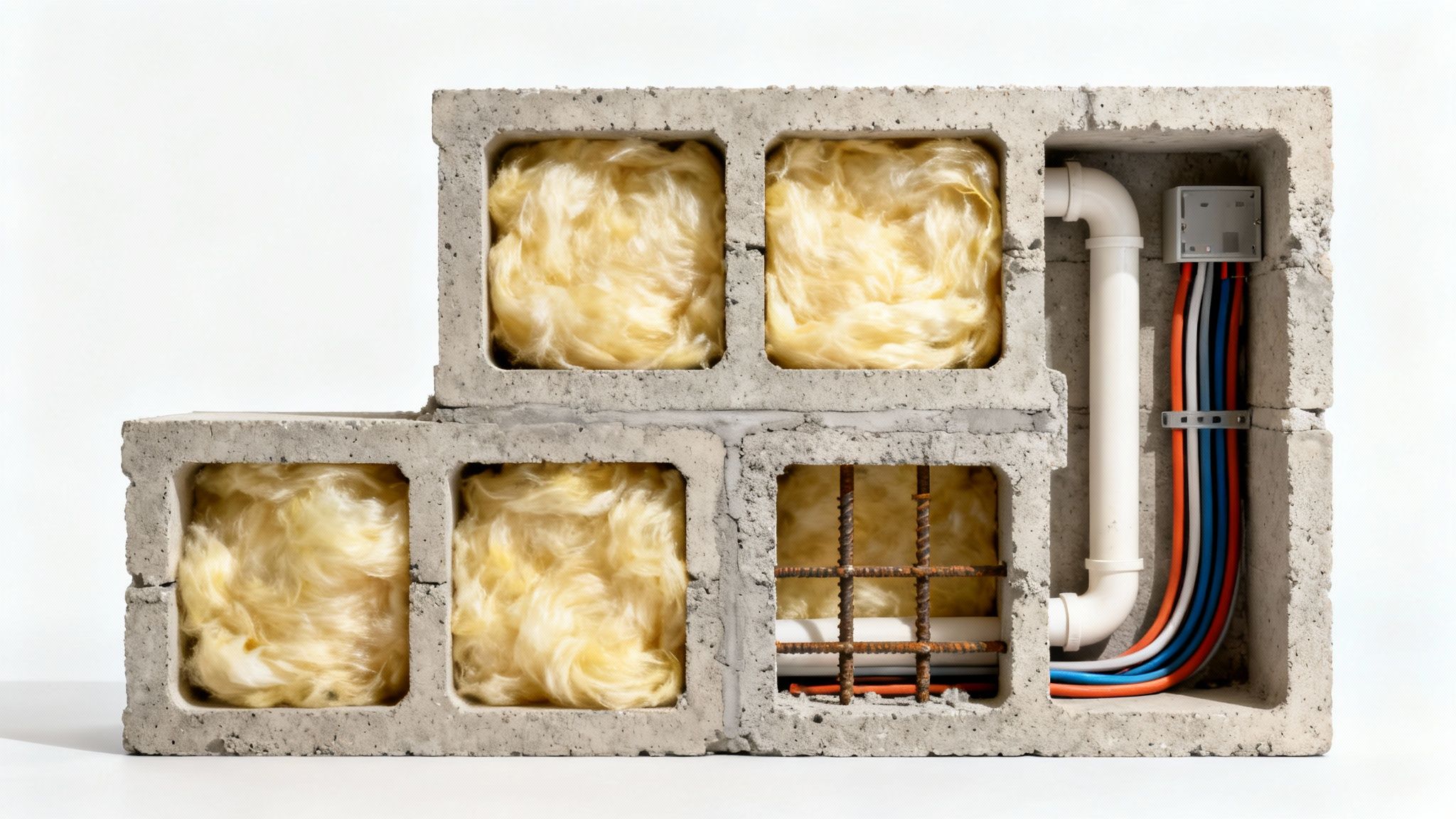 Et udsnit af betonblokke viser isolering, rørføring og elektriske ledninger, der illustrerer moderne bygningskonstruktion.