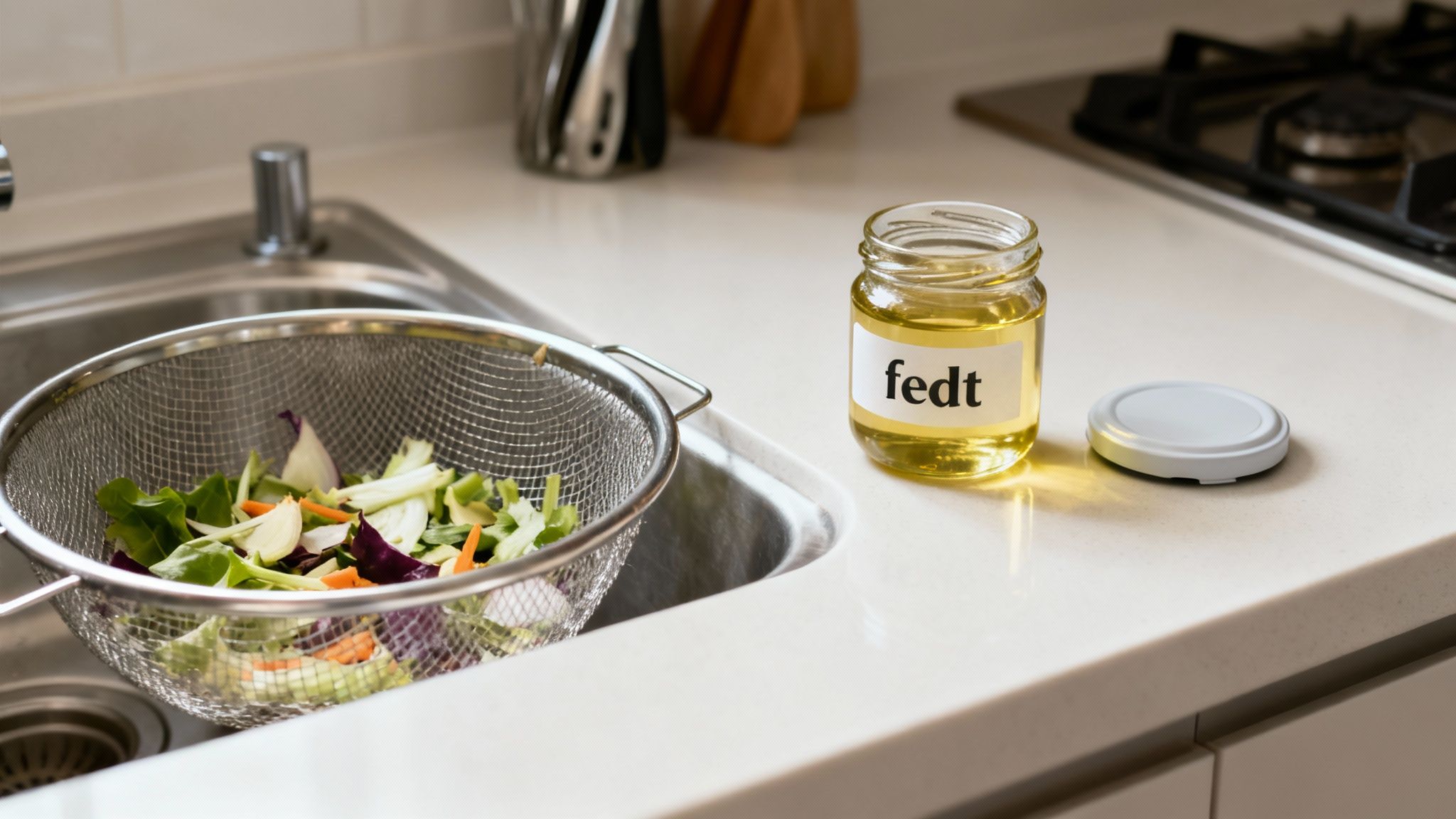 Forebyggelse af stoppet afløb i køkkenvask ved at skrabe tallerkenen fri for madrester