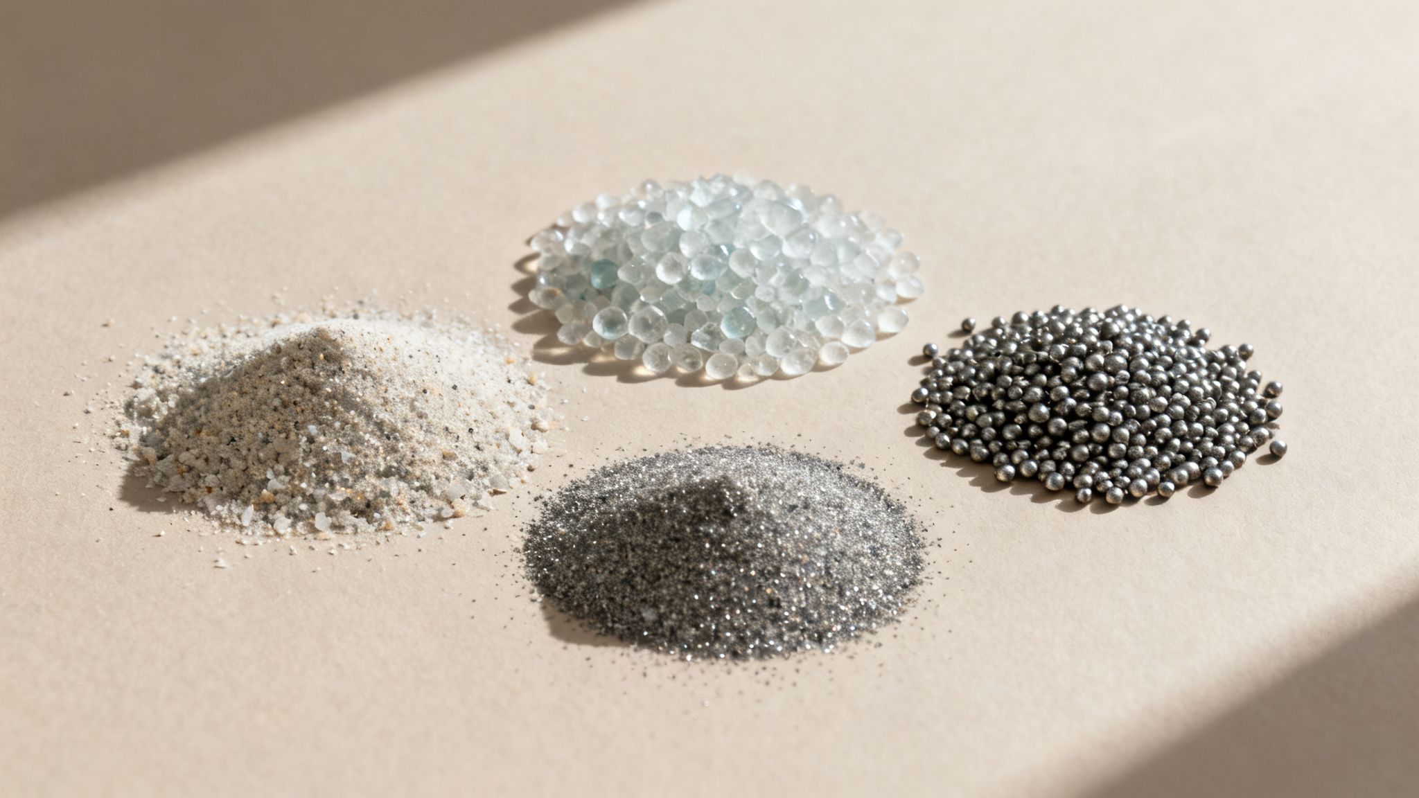 Fire bunker med forskellige granulære materialer: lys sand, gennemsigtige perler, mørkt glitter og metalsfærer.