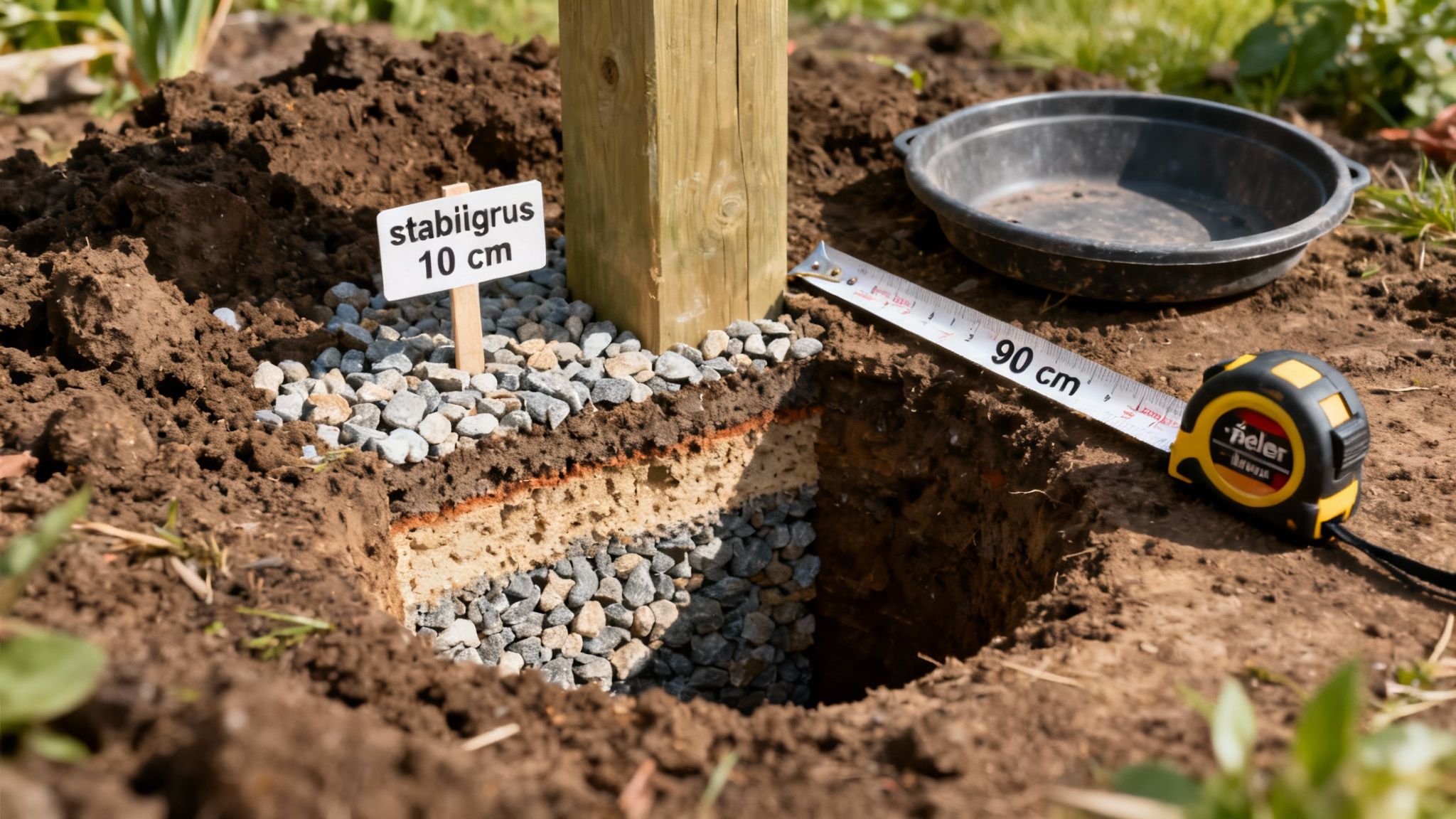 Detaljeret billede af et hul med stabilgrus og jordlag omkring en træstolpe, med 90 cm målebånd.