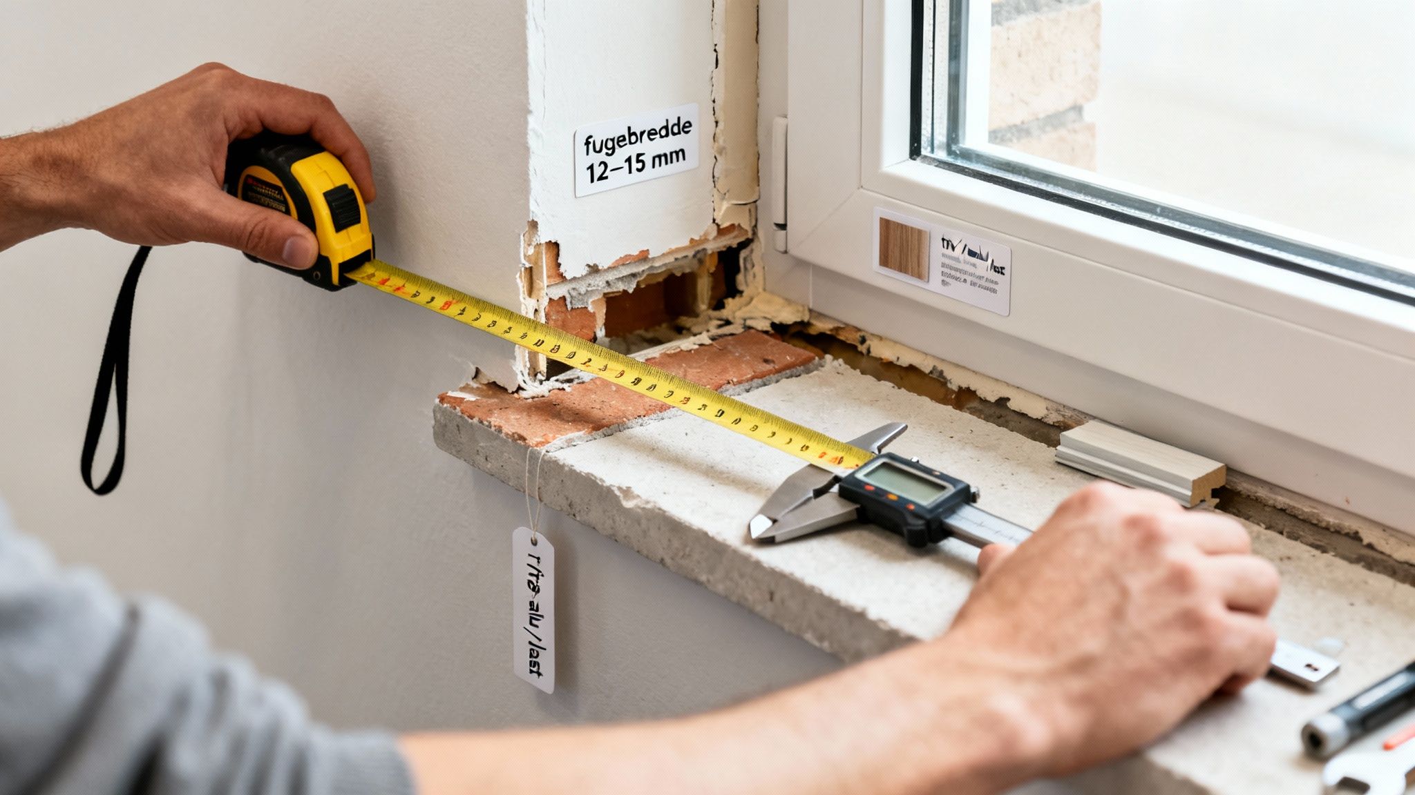 En person måler omhyggeligt en vinduesåbning med et målebånd og en skydelære, klar til montering.