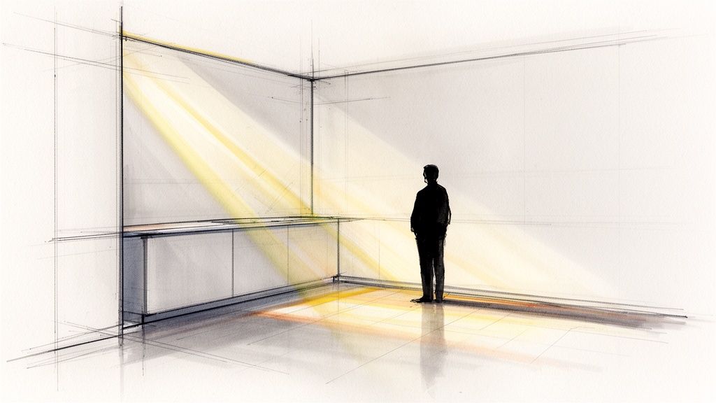 Akvarelskitse af et minimalistisk køkken med sollys, hvor en person roligt betragter rummet.