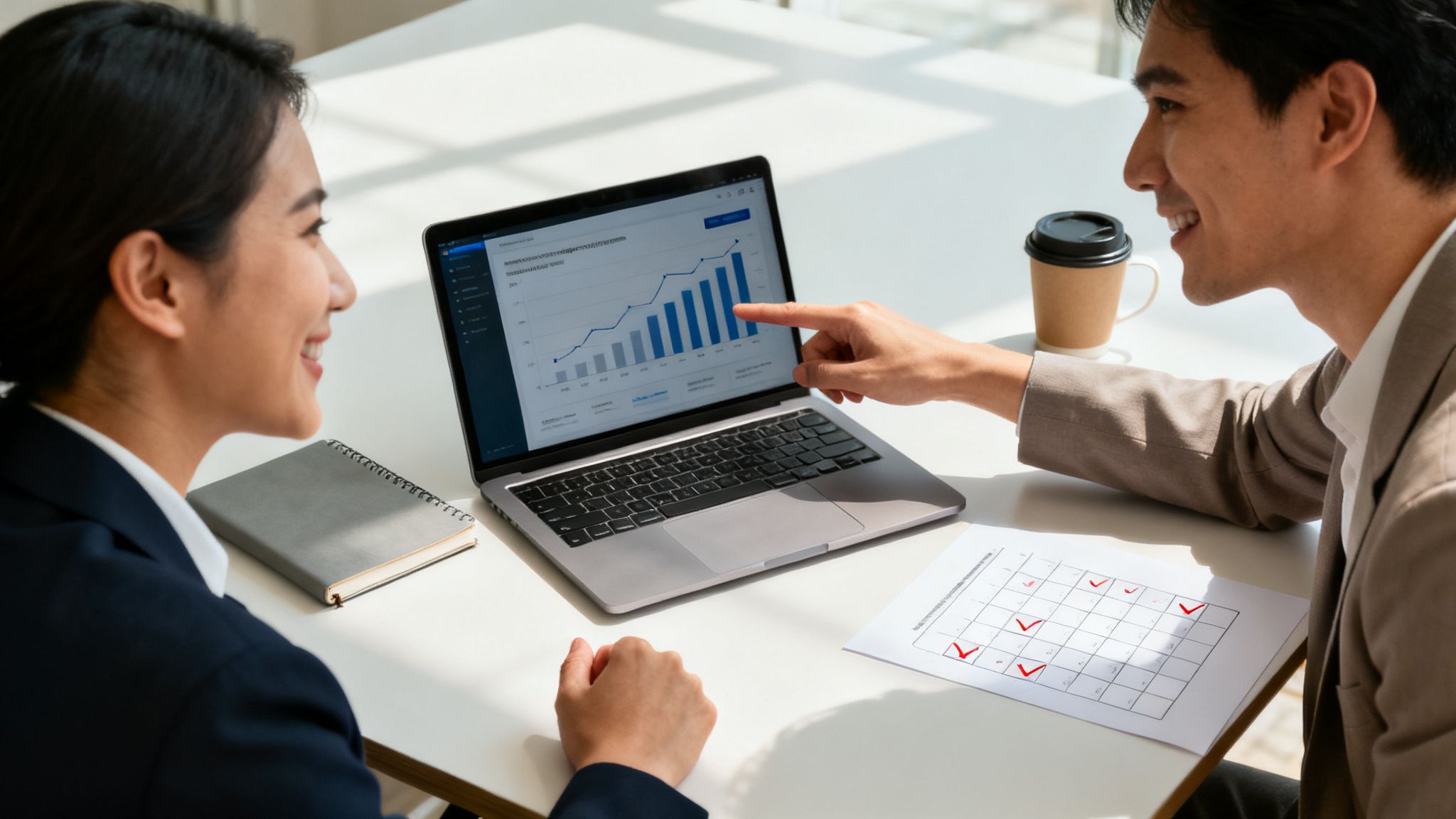 To smilende konsulenter analyserer vækstdata på en bærbar computer, der viser diagrammer og fremskridt.