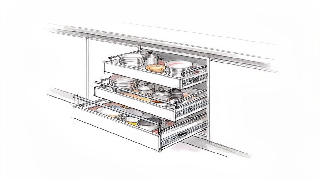 Detaljeret skitse af moderne køkkenskuffer med organiseret opbevaring af service og køkkengrej.
