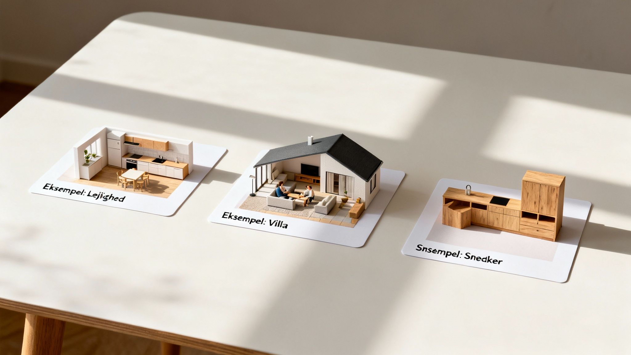 Tre miniaturemodeller viser forskellige eksempler på boligløsninger og køkkendesign på et bord.