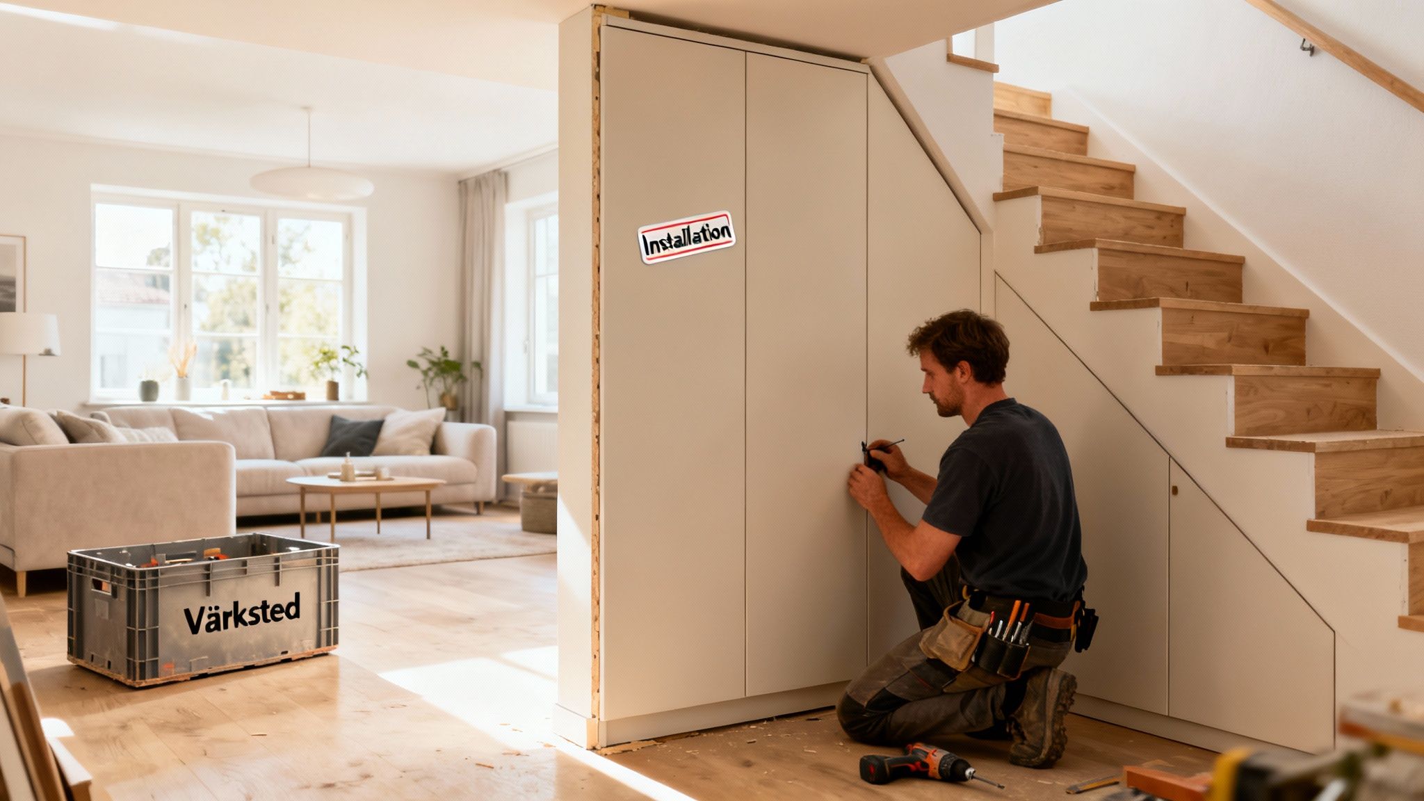 En mand installerer skabe under en trappe i et moderne hjem. Han arbejder på skabslågerne.