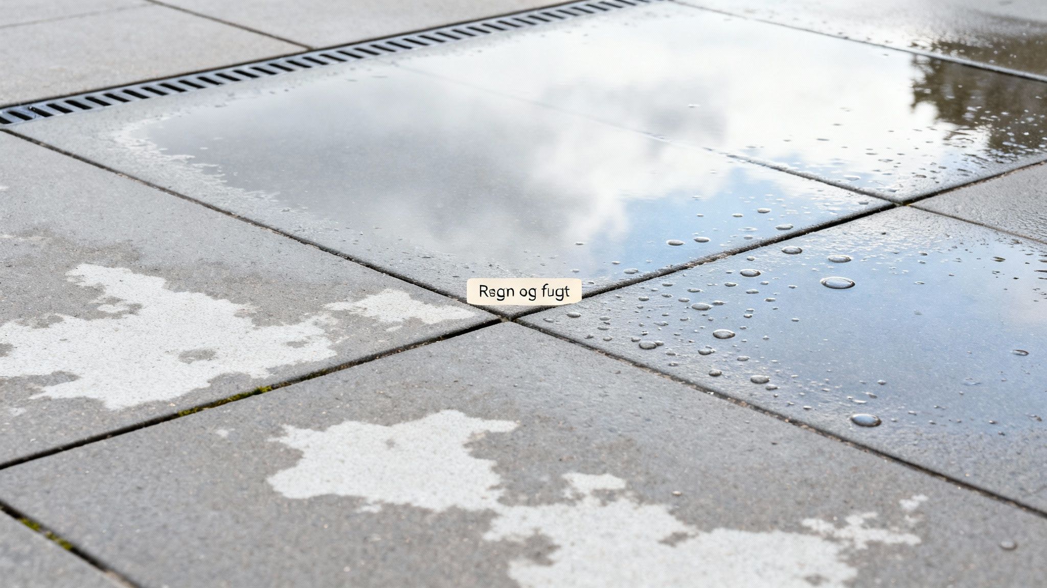 En belagt overflade med store grå fliser, hvorpå der er vandpytter og en afløbsrist. Teksten 'Regn og fugt' ses.