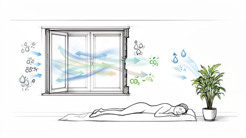 Illustreret diagram der viser god indendørs ventilation med frisk luft, udveksling af CO2, en sovende person og plante.