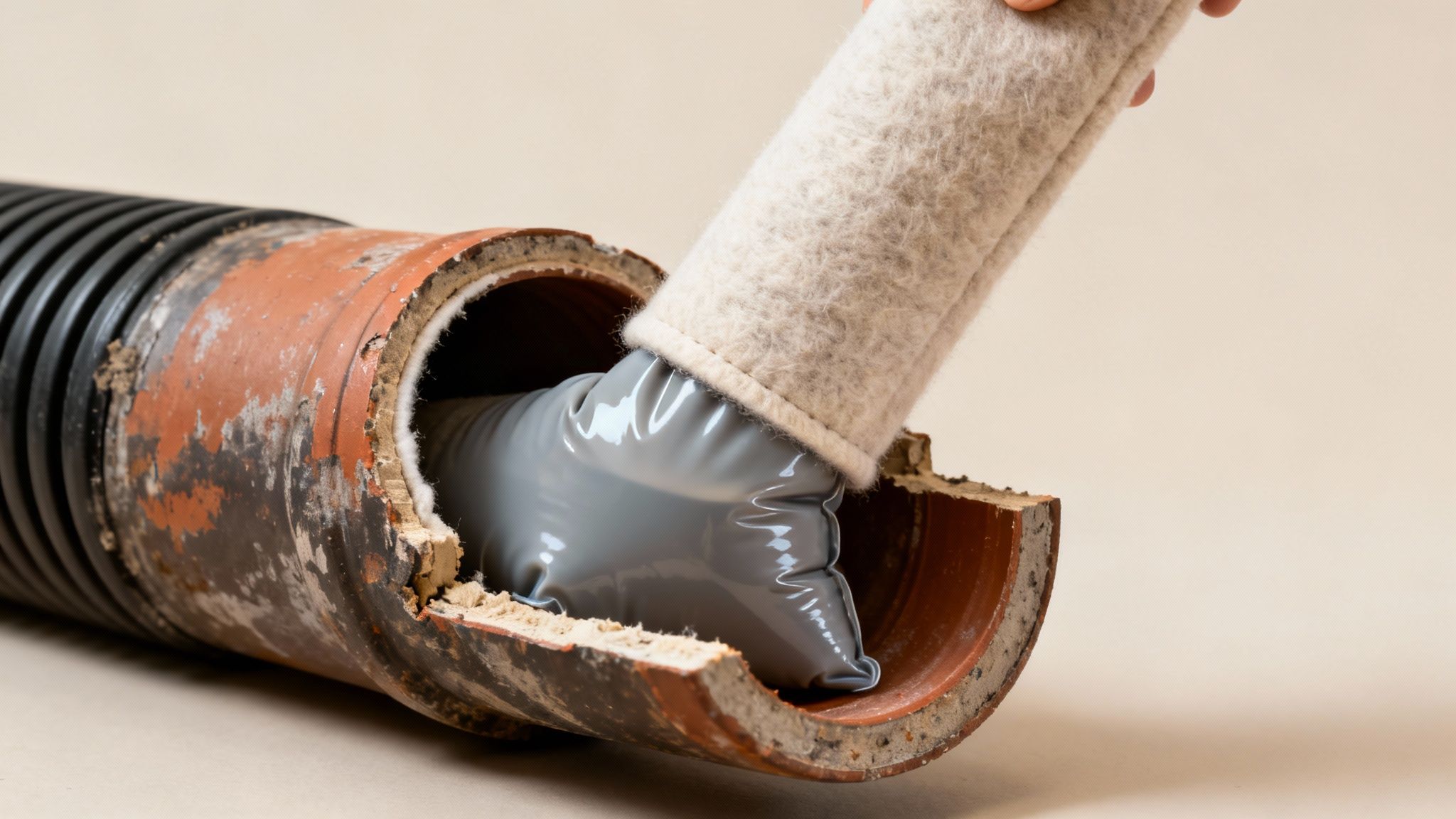 En hånd indsætter en strømpeforing i et beskadiget kloakrør for effektiv reparation.