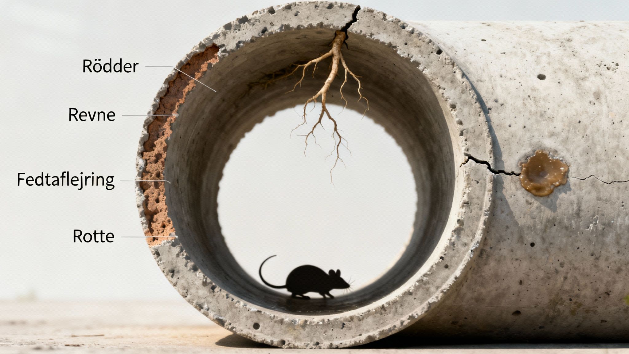 Billede af en kloakrør med rødder, revner, fedtaflejringer og en rotte. Viser kloakproblemer.