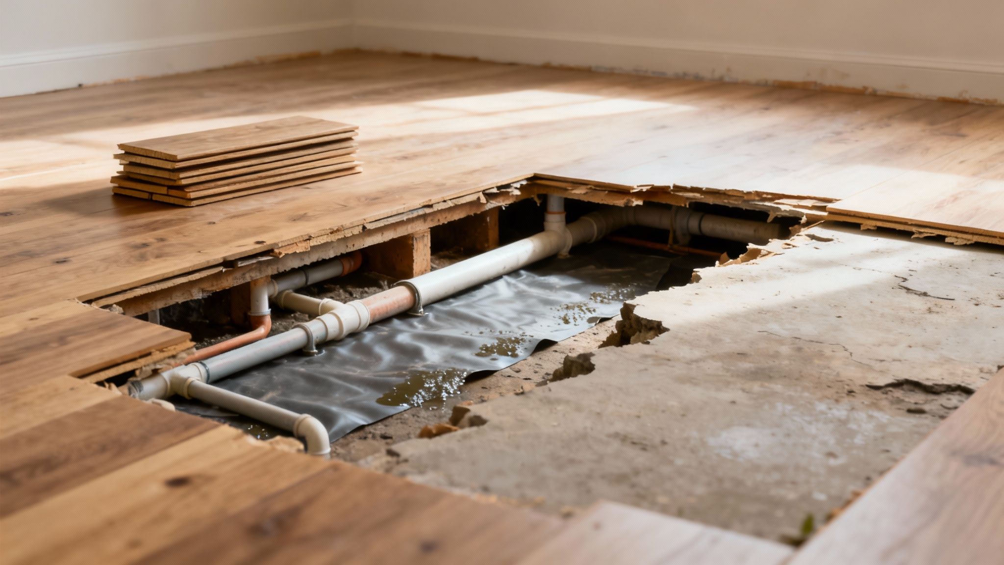Et trægulv under reparation med synlige rør og fugt, samt nye gulvbrædder klar til installation.