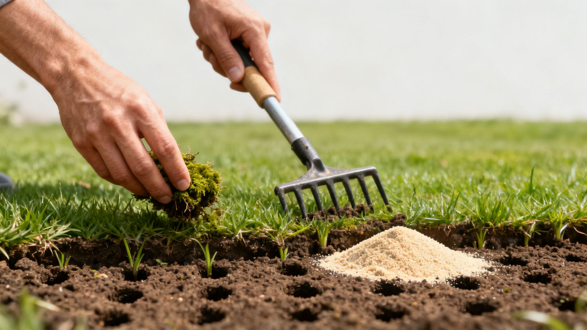 En person forbereder jorden med en rive og planter græs i små huller, mens mos fjernes.