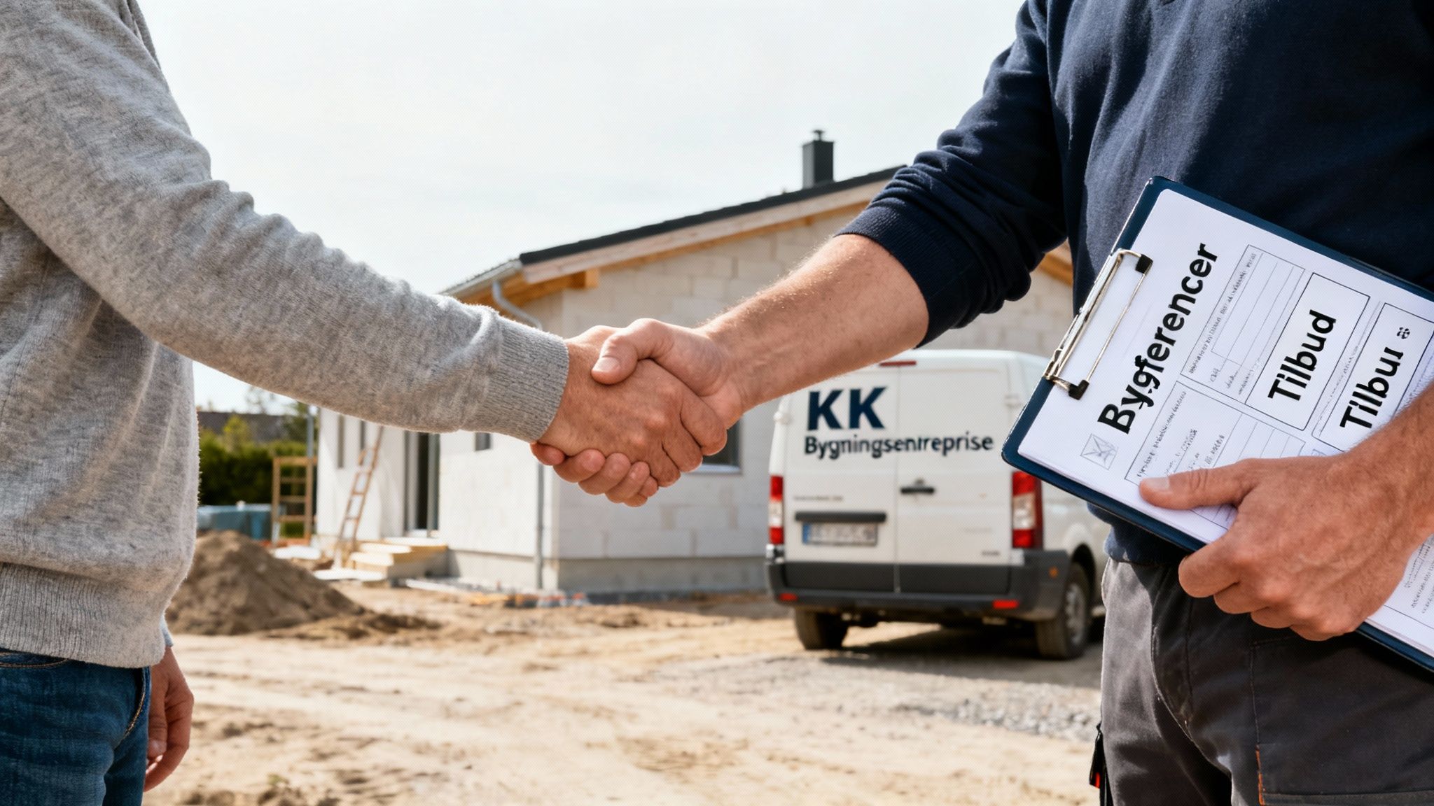 To mænd giver hånd foran et hus under opførelse og en varevogn, der symboliserer en byggeaftale.