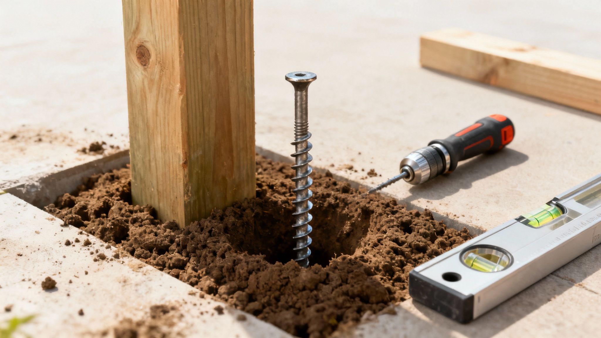 Træpæl i jorden med en stor skrue, boremaskine og vaterpas, klar til byggeri af terrasse.