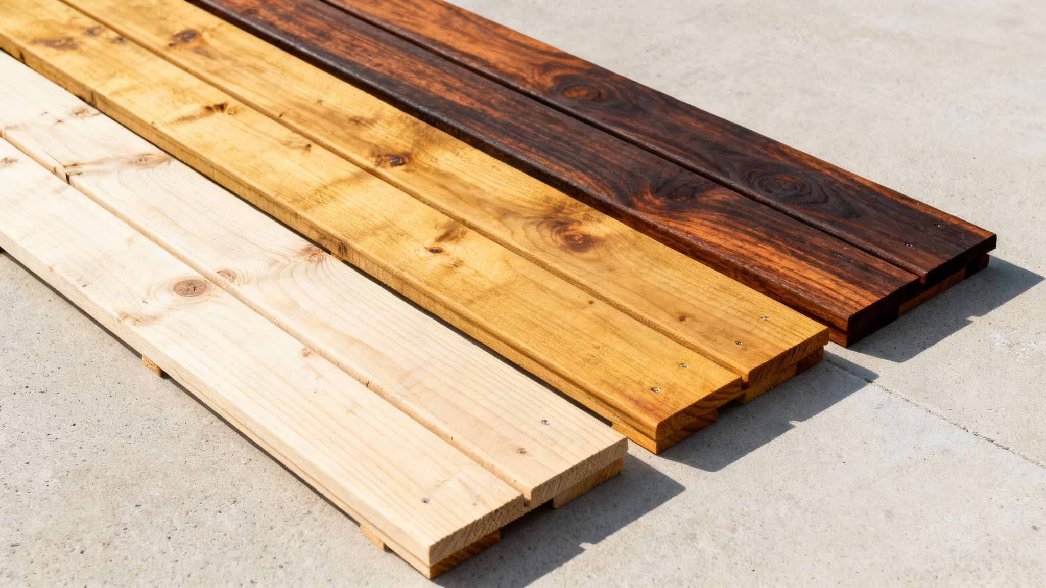 Forskellige træbrædder i tre nuancer (naturlig, gylden, mørk) til en træterrasse.