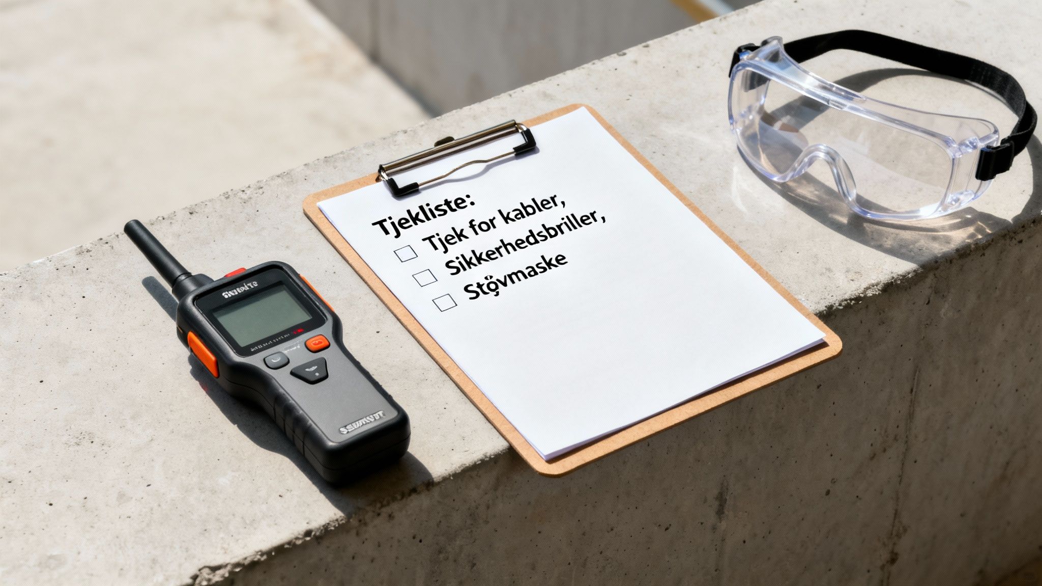 Et klembræt med en tjekliste, walkie-talkie og sikkerhedsbriller på en betonoverflade.