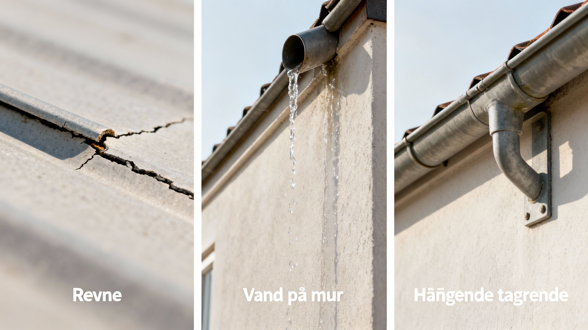 Billeder af tag- og tagrendeproblemer: revne i tag, vand på mur, og en hængende tagrende.