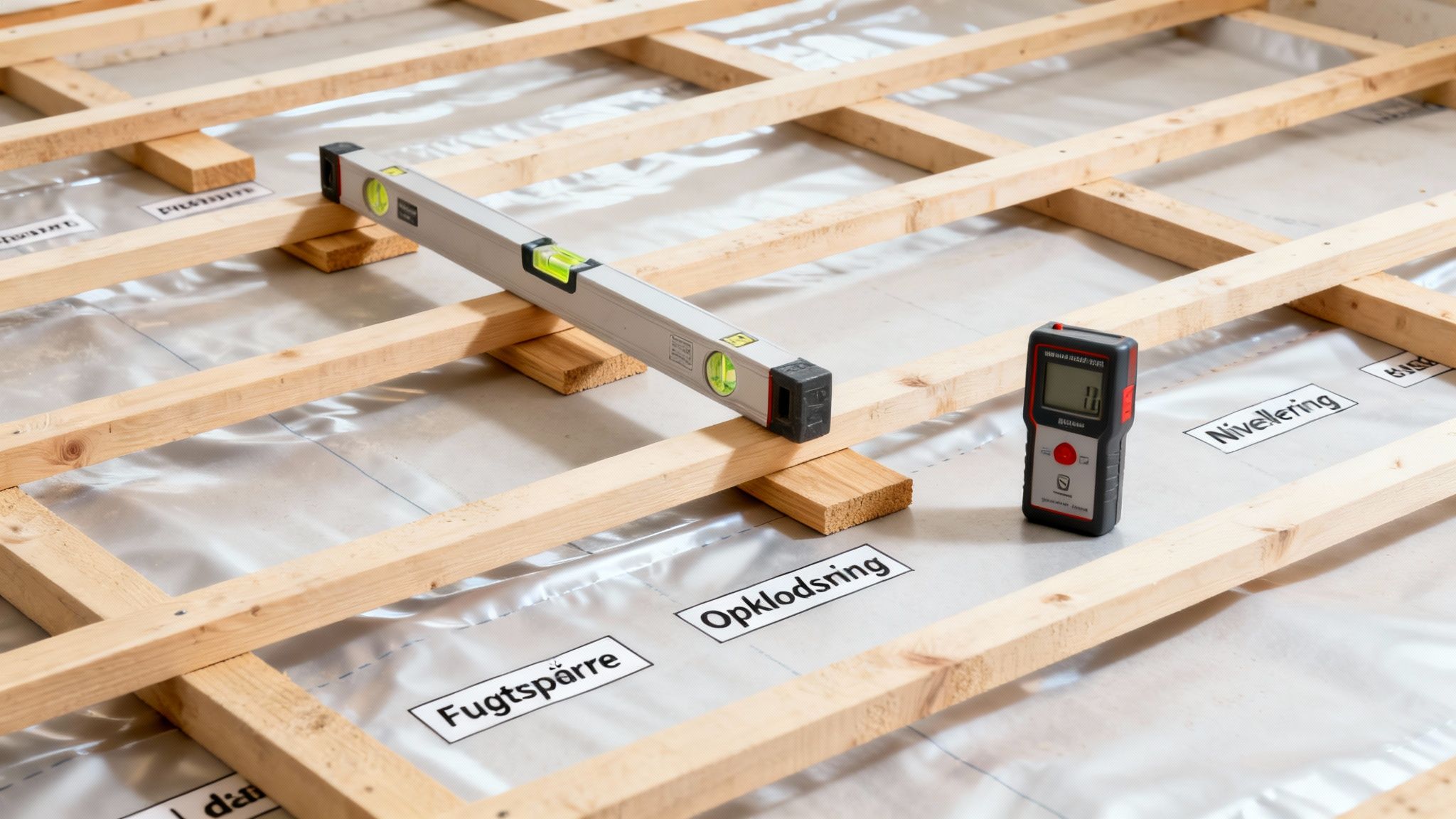 Et trægulv på strøer er ved at blive anlagt, med vaterpas og fugtmåler synlige på en dampspærre.