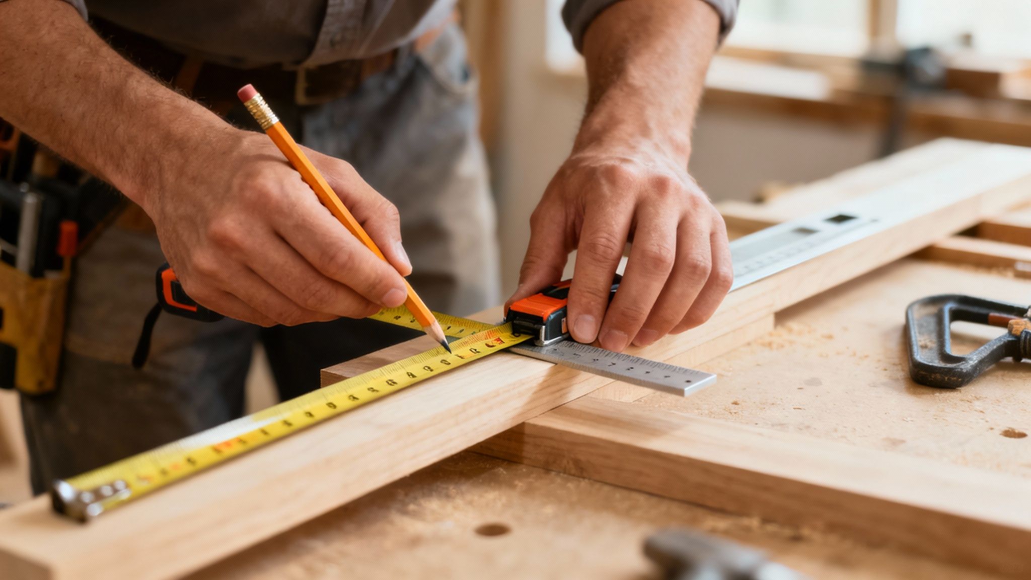 Tømrer arbejder på en trækonstruktion