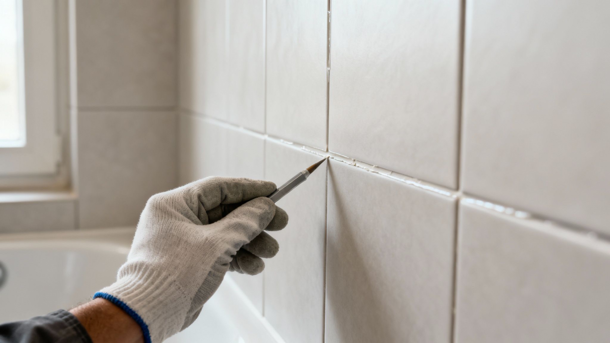 En hånd med handske fjerner gammel fuge fra badeværelsesfliser med et skarpt værktøj.