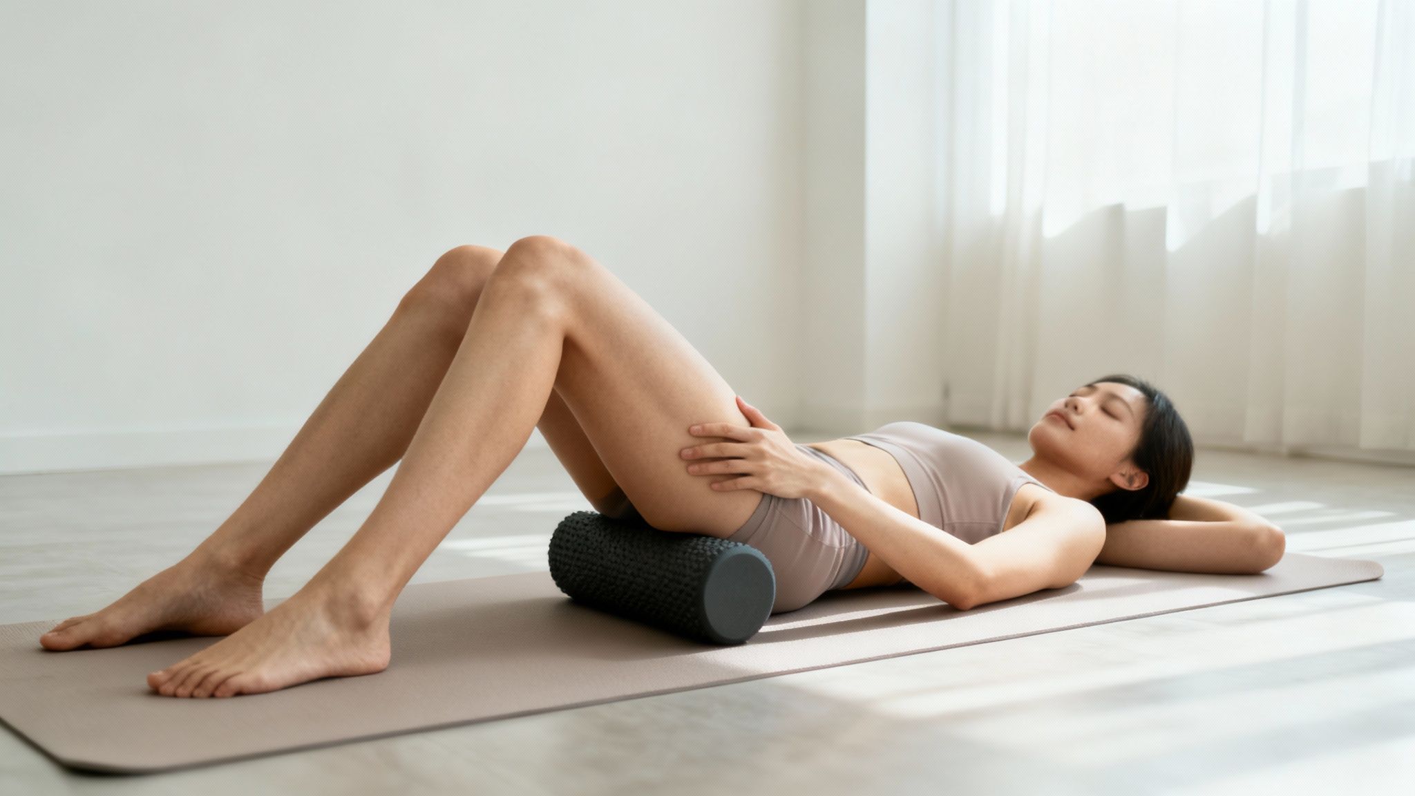 Ung kvinde slapper af på yogamåtte og bruger en foam roller til at massere underkroppen.