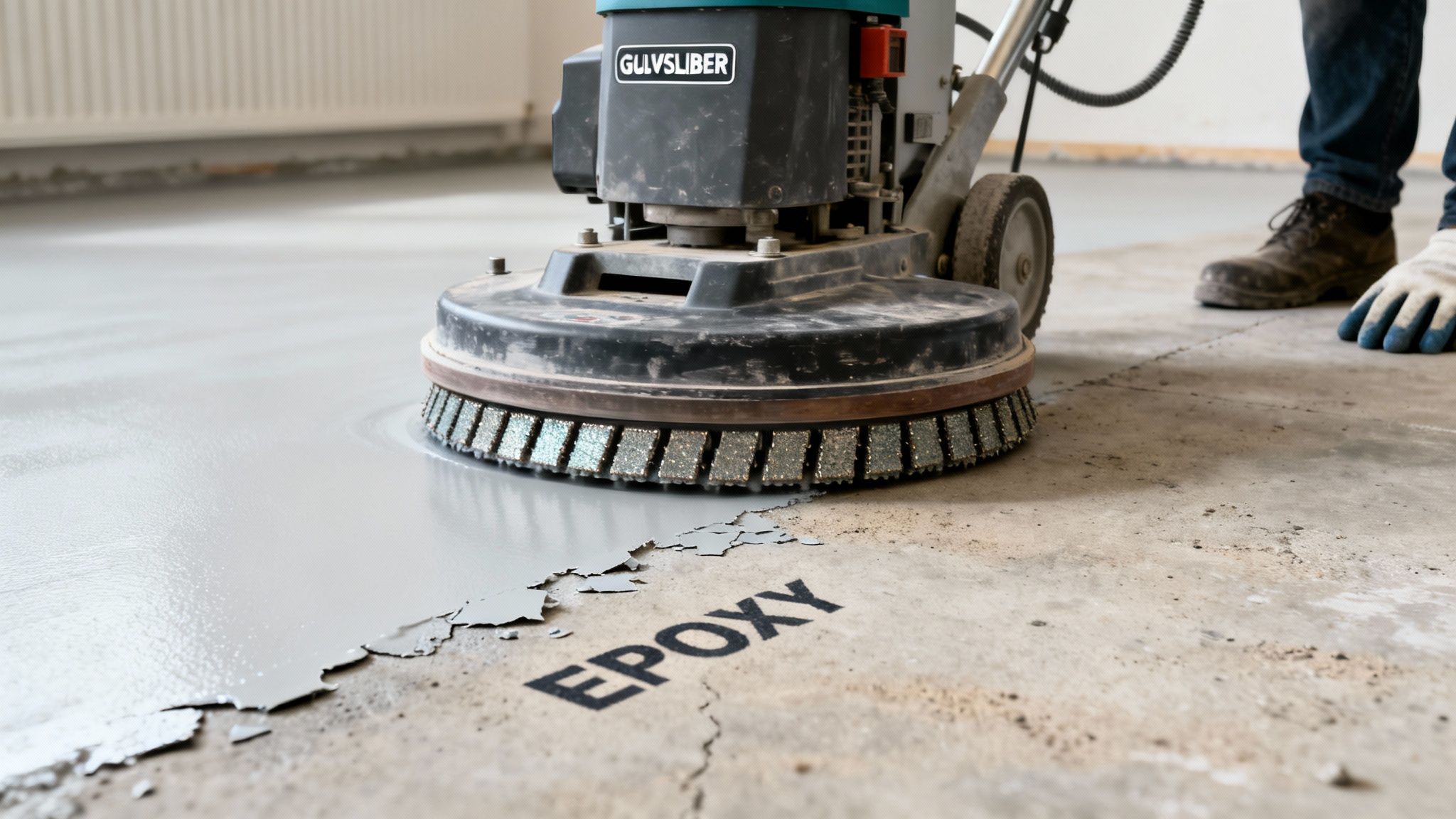 Professionel gulvsliber fjerner effektivt gammel epoxybelægning fra et betongulv.