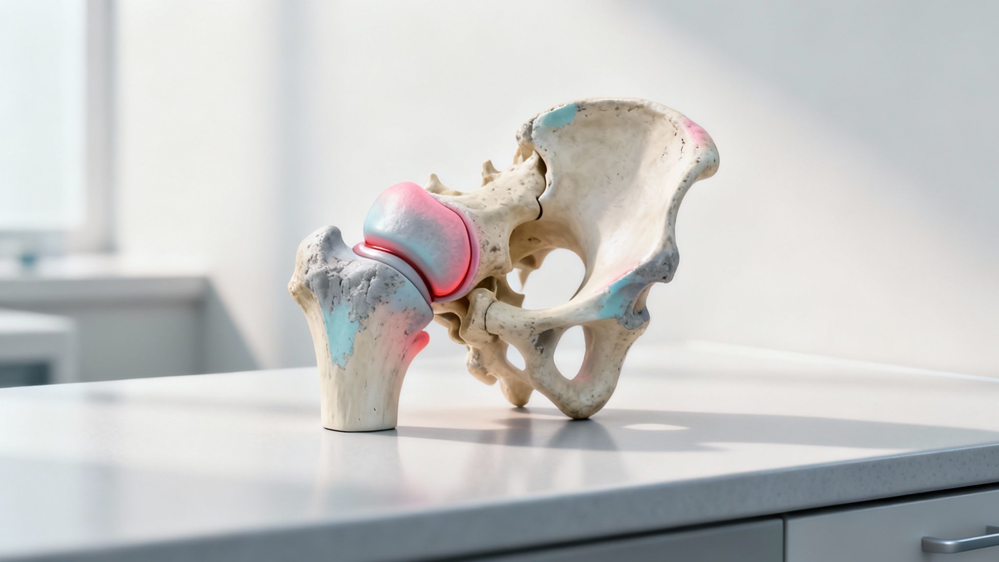 En detaljeret model af et hofteled og bækkenben, der viser potentielle smertepunkter.